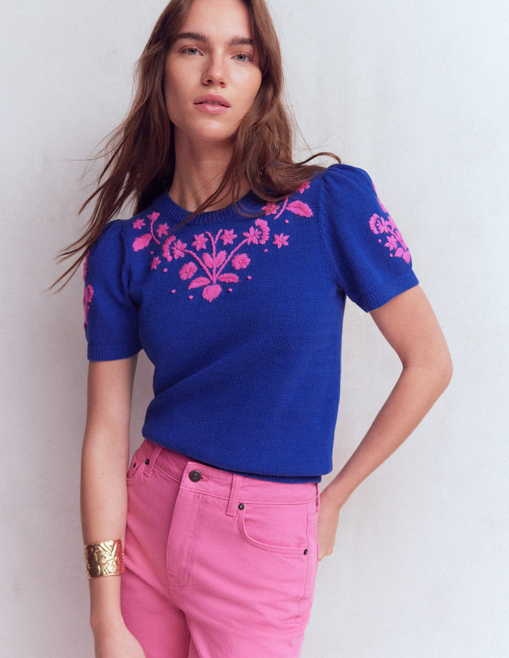 Monica Knitted T-Shirt-Blue Embroidery