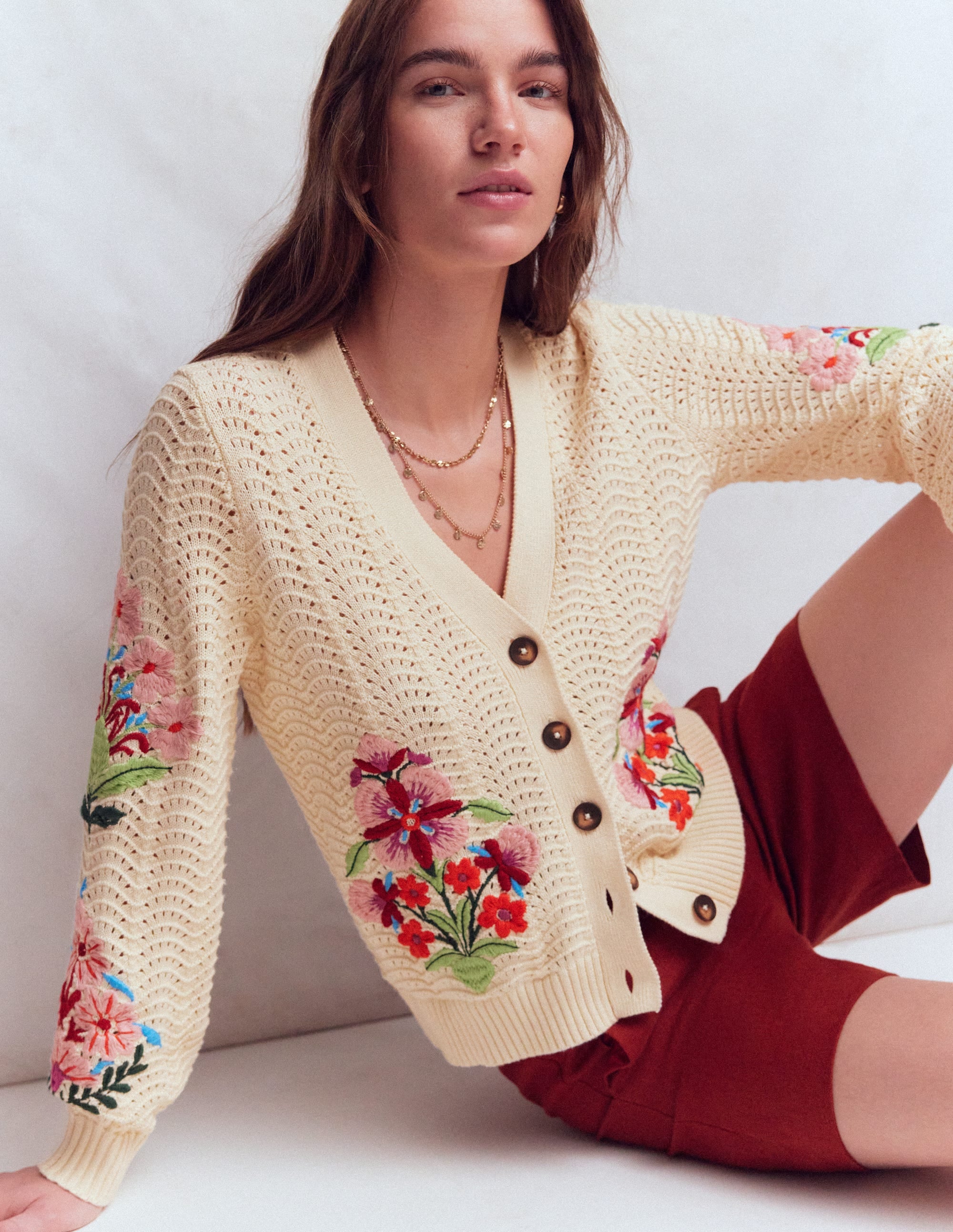 Relaxed Cotton Stitch Cardigan-Ivory, Embroidery - Image 1