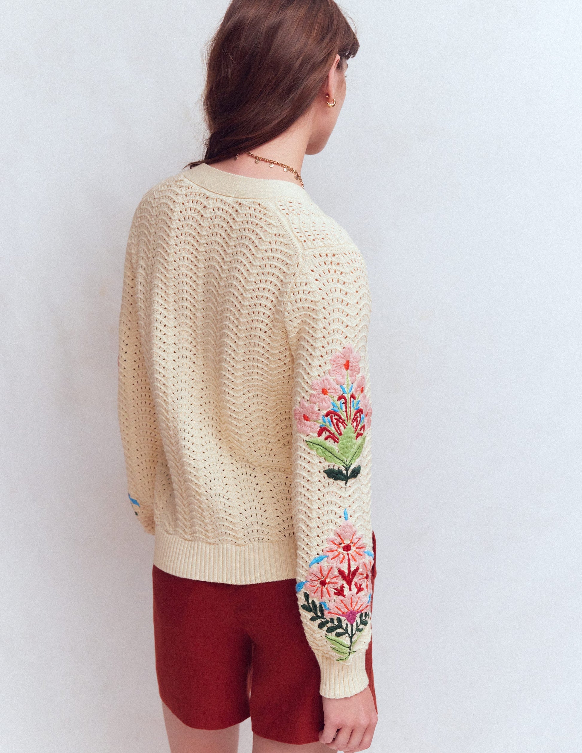 Relaxed Cotton Stitch Cardigan-Ivory, Embroidery-3