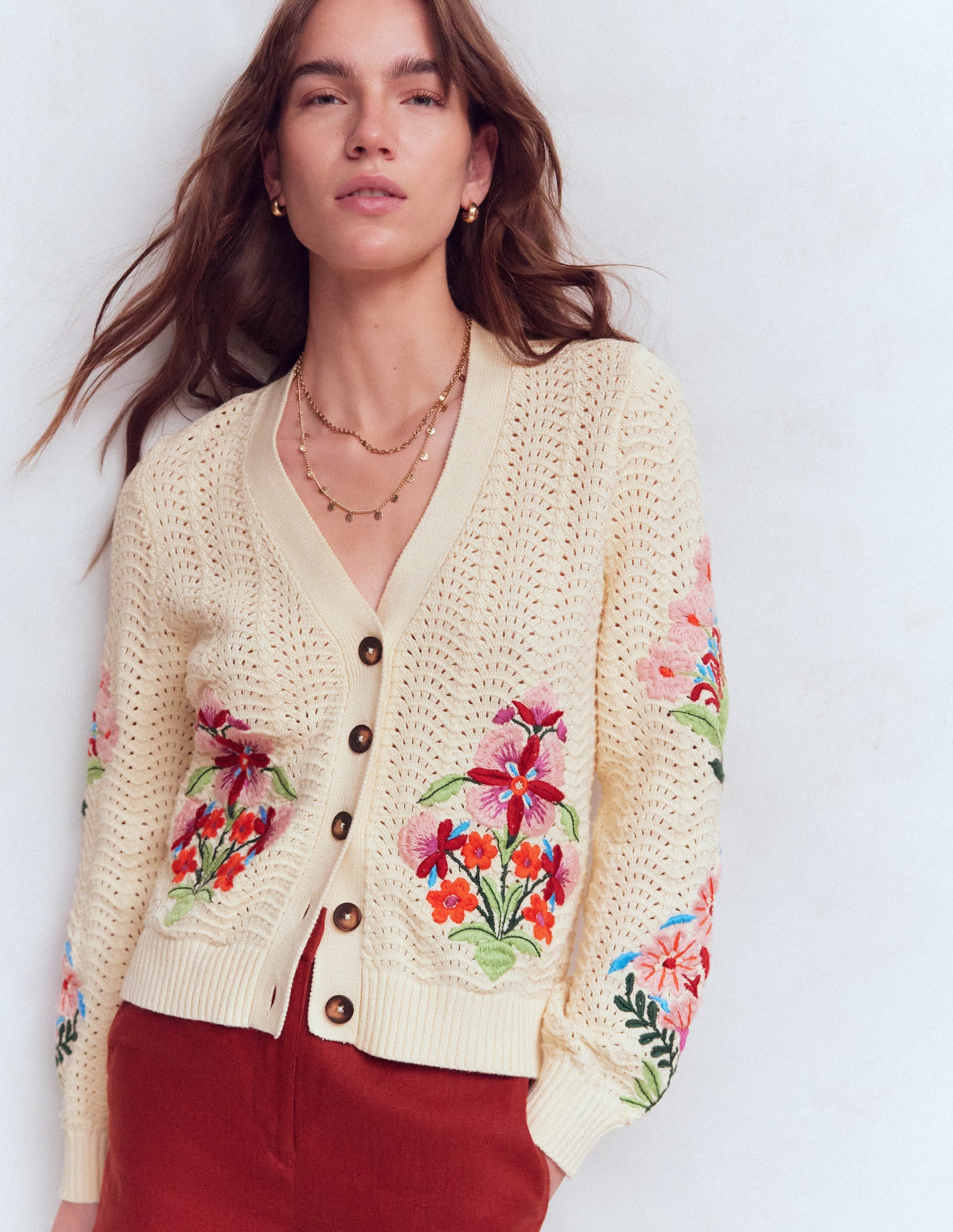 Relaxed Cotton Stitch Cardigan-Ivory, Embroidery - Image 4