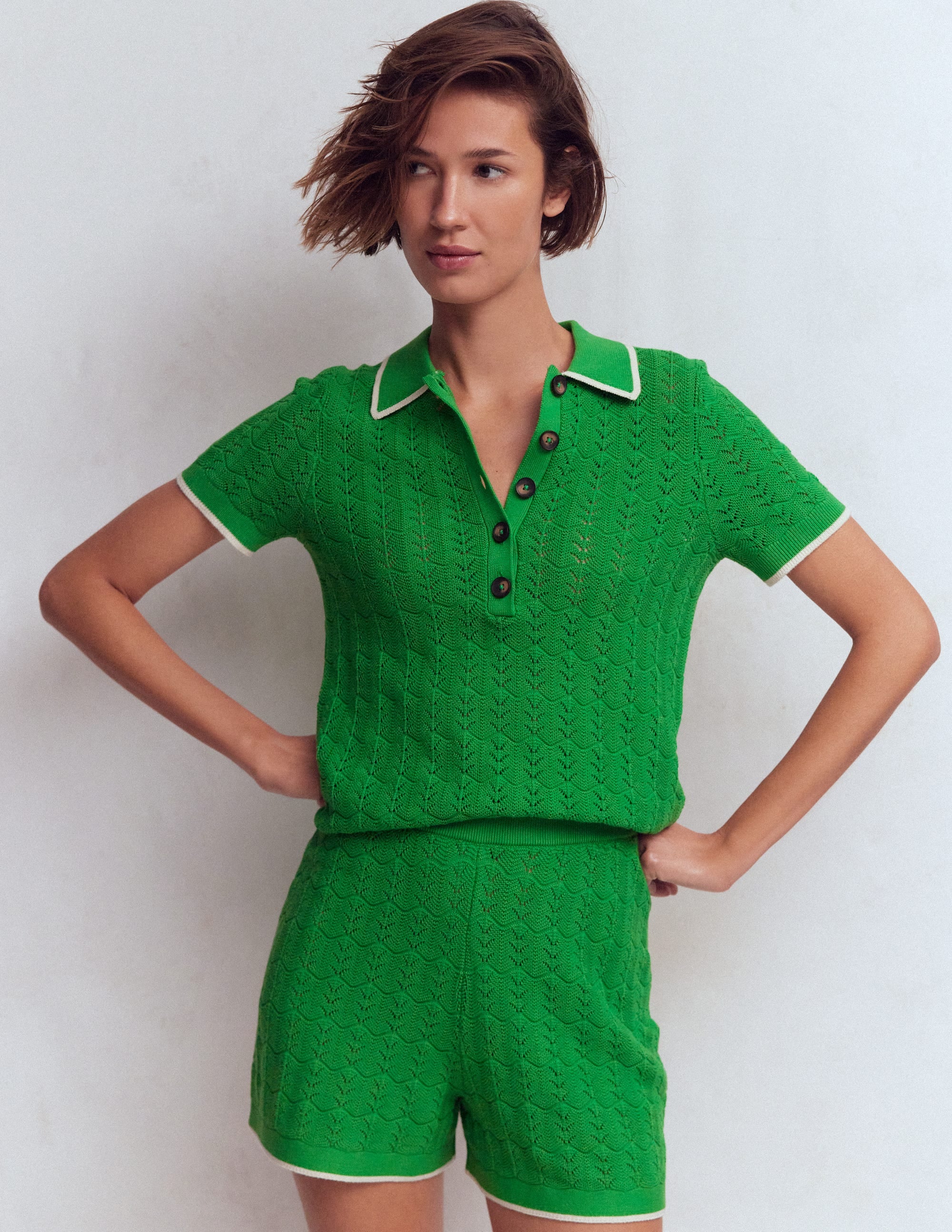 Pointelle Henley T-shirt-Online Lime - Image 2