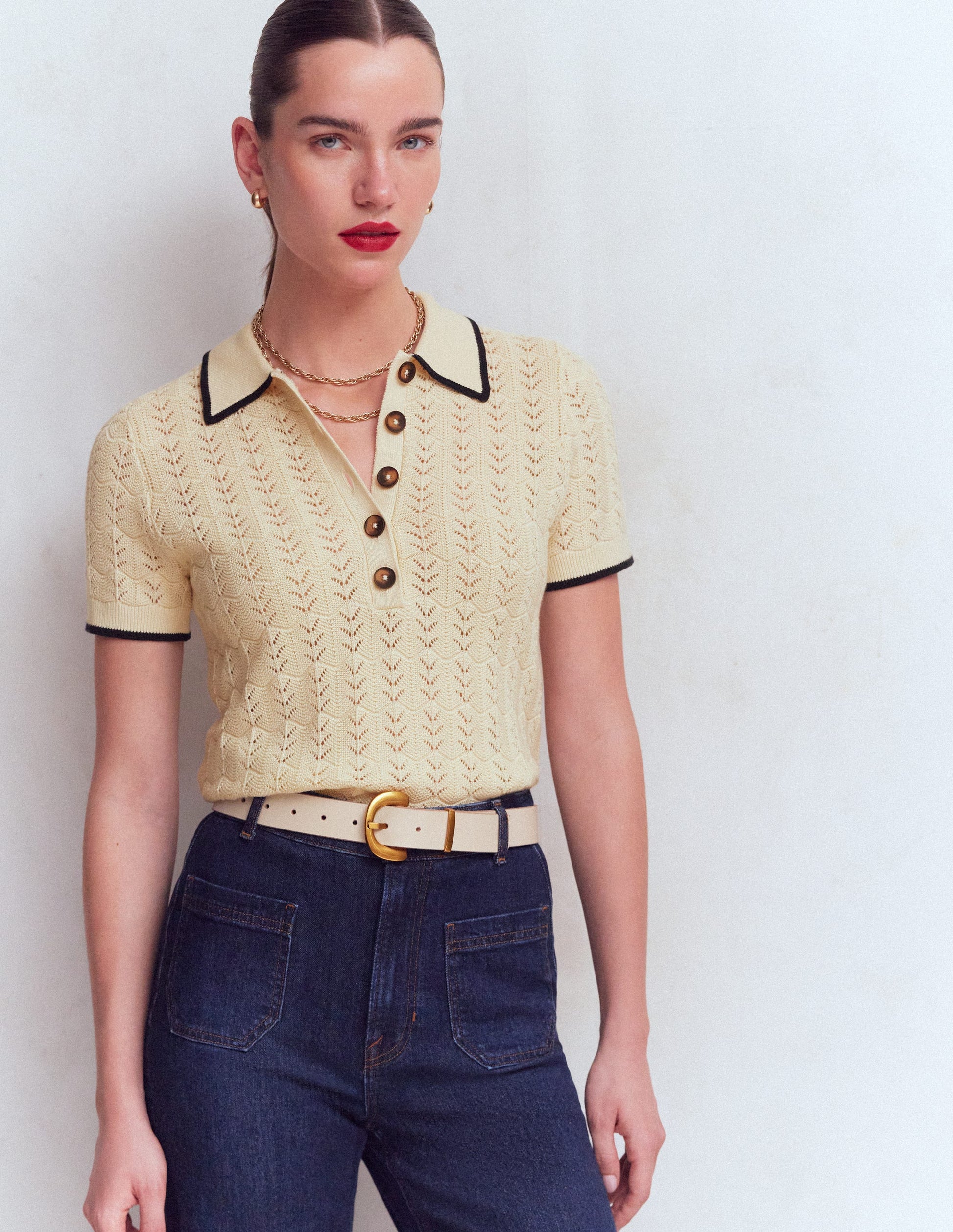 Pointelle Henley T-shirt-Cream-1