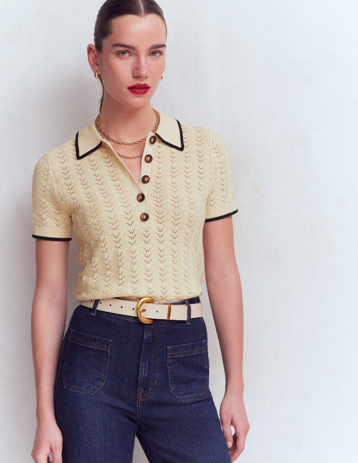 Pointelle Henley T-shirt-Cream
