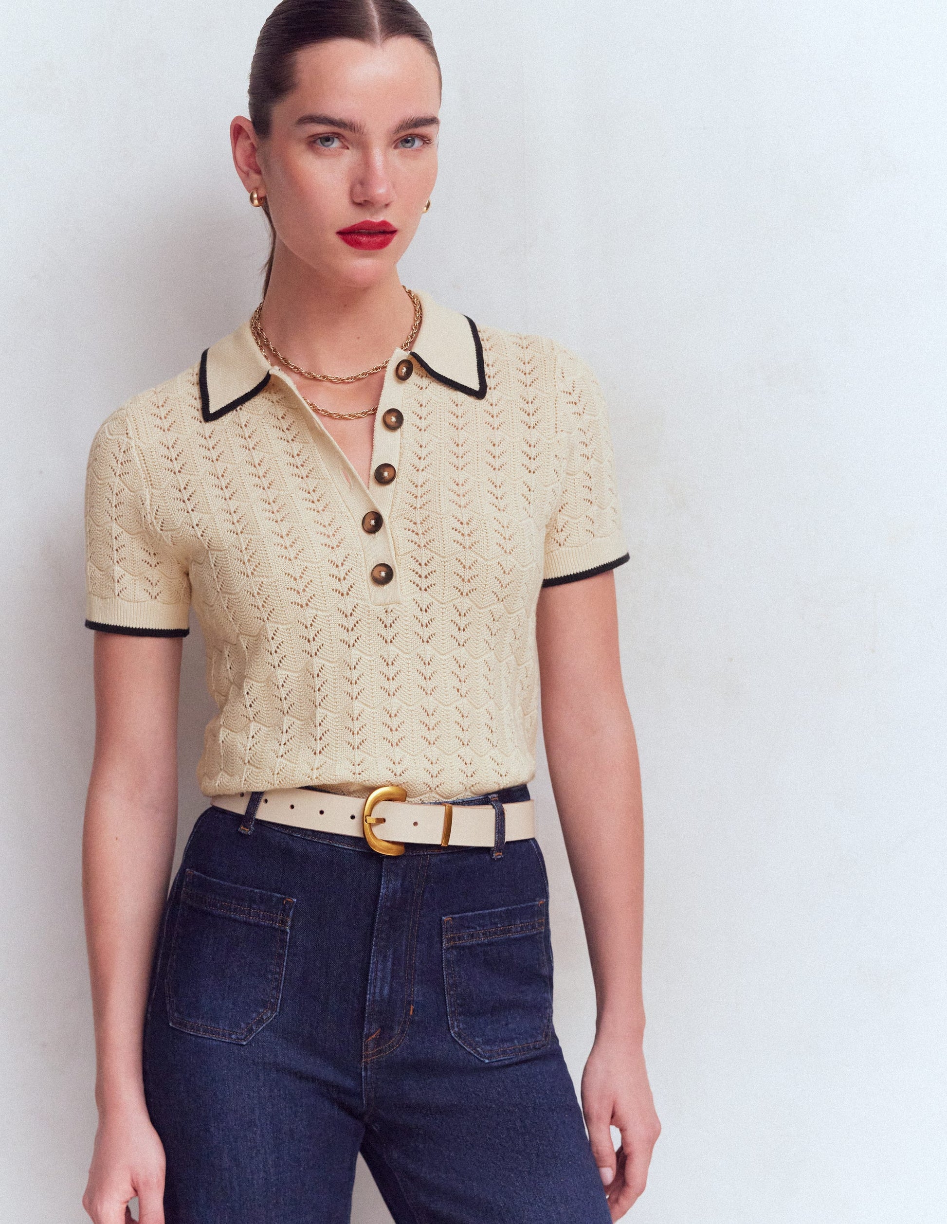 Pointelle Henley T-shirt DNU-Cream-1