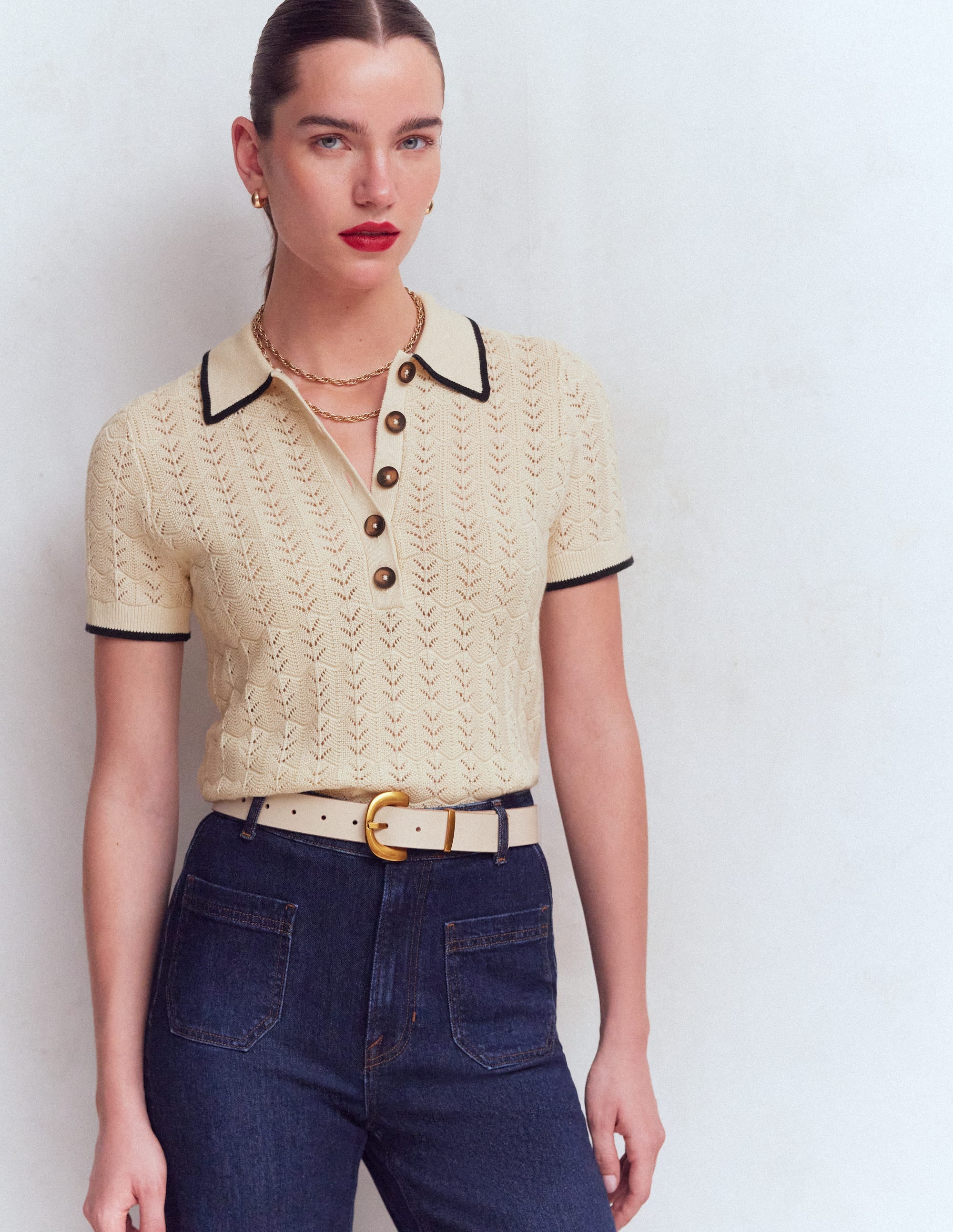 Pointelle Henley T-shirt-Cream - Image 1