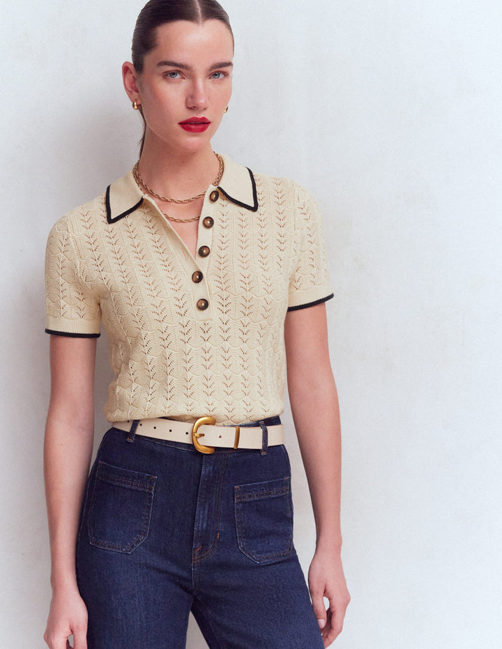 Pointelle Henley T-shirt-Cream