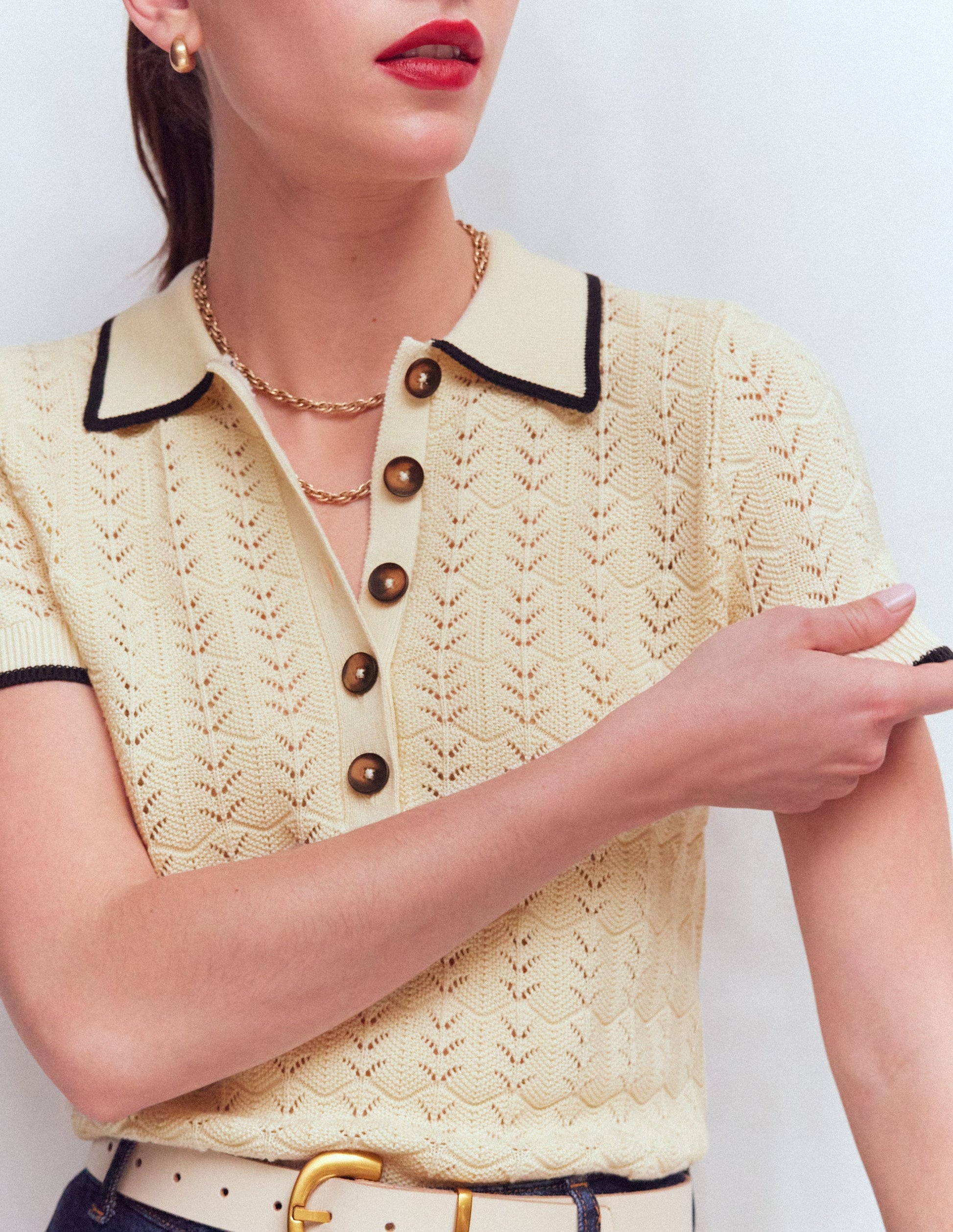 Pointelle Henley T-shirt-Cream-2