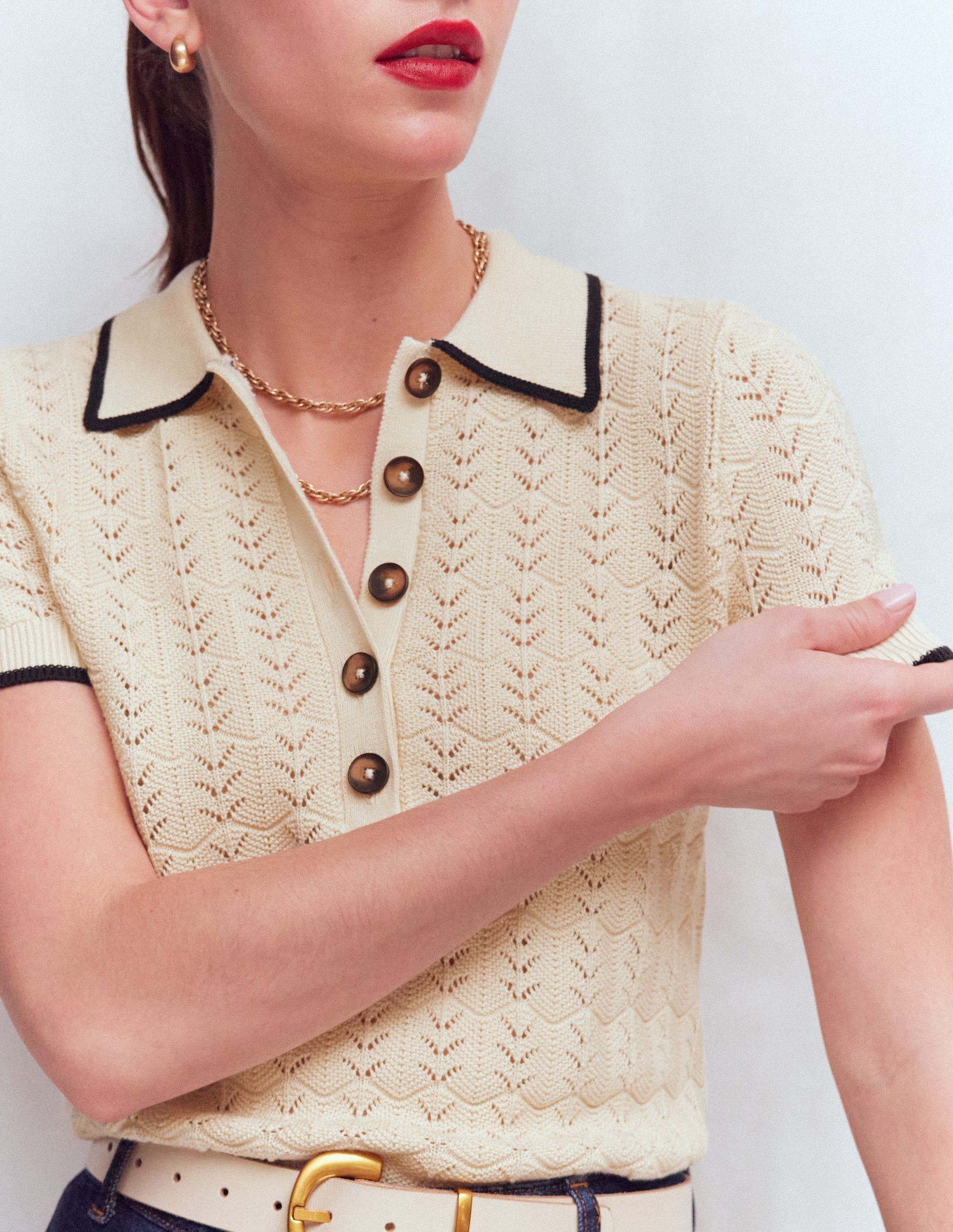 Pointelle Henley T-shirt-Cream - Image 2