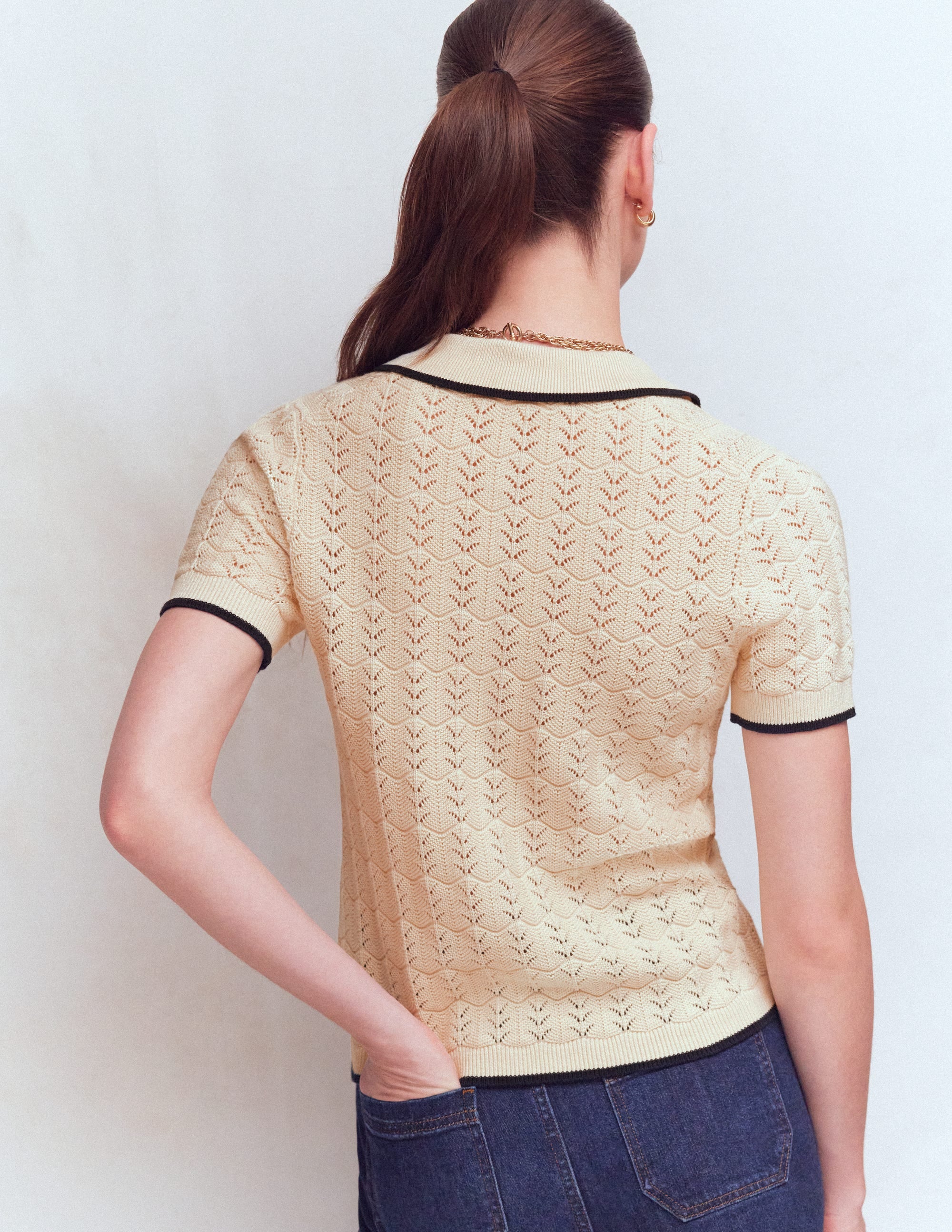 Pointelle Henley T-shirt-Cream - Image 3
