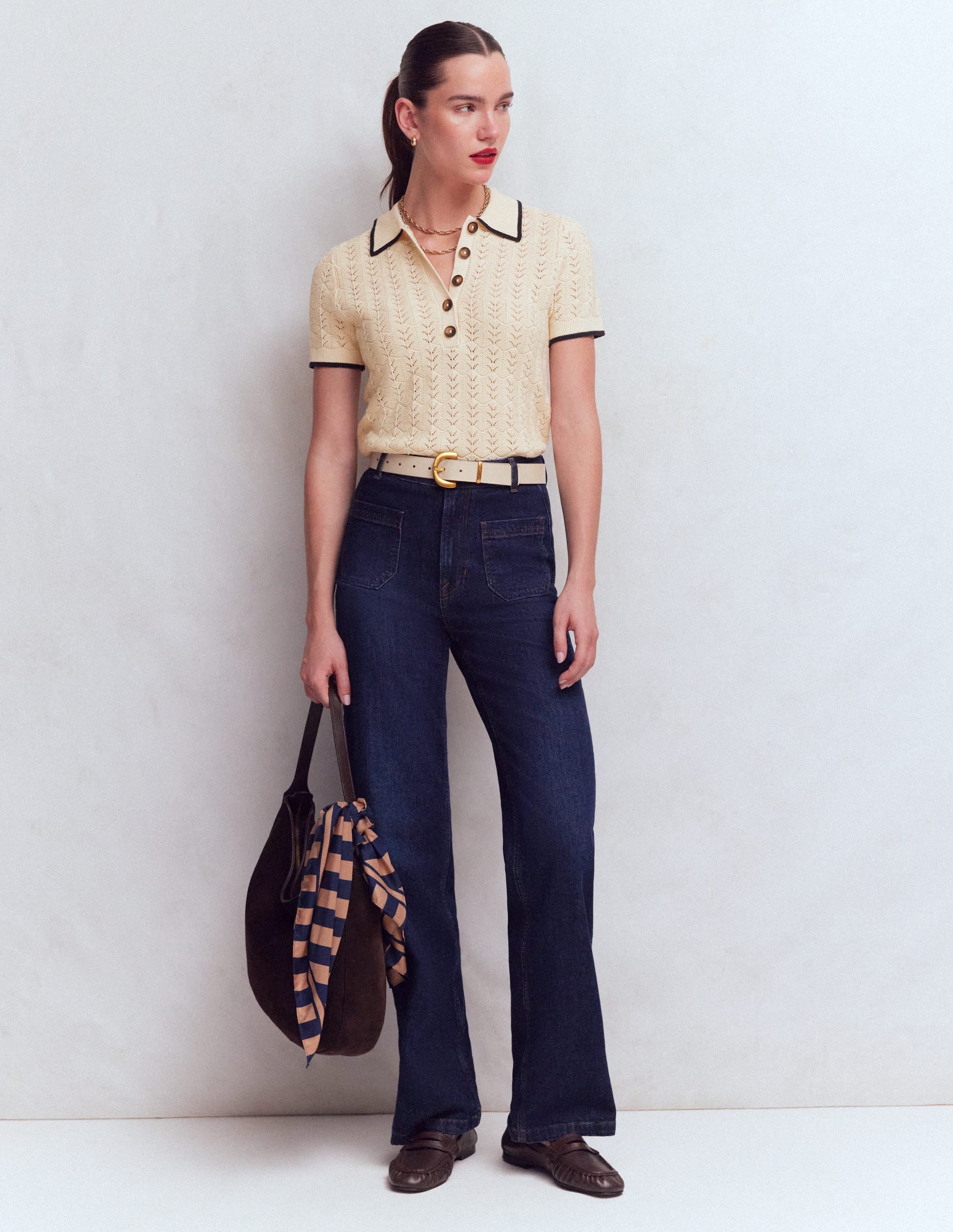 Pointelle Henley T-shirt-Cream - Image 4