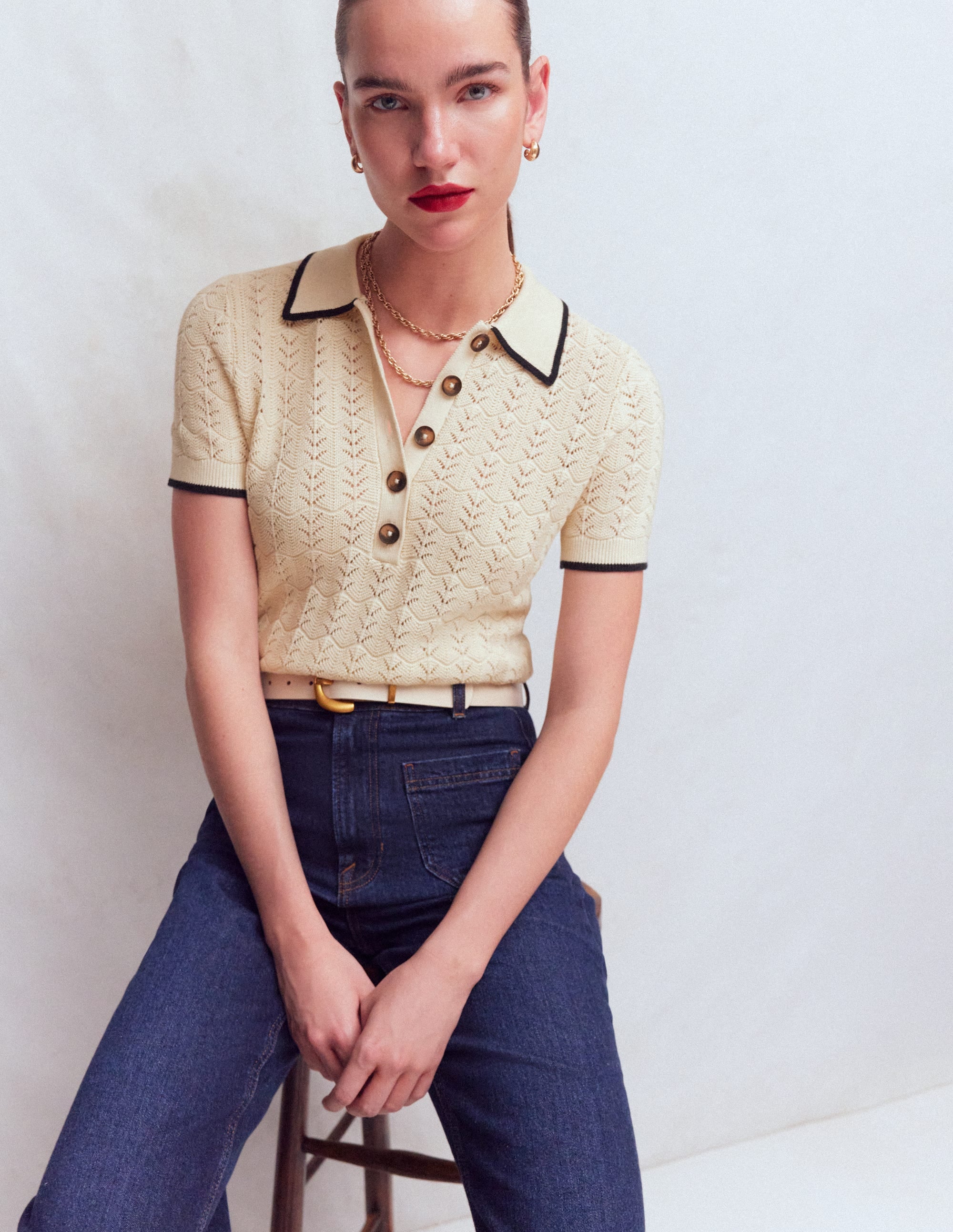 Pointelle Henley T-shirt-Cream - Image 5