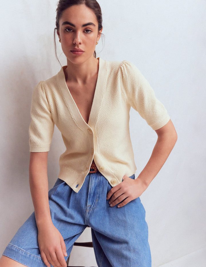 Hayley Cotton V-neck Cardigan-Warm Ivory