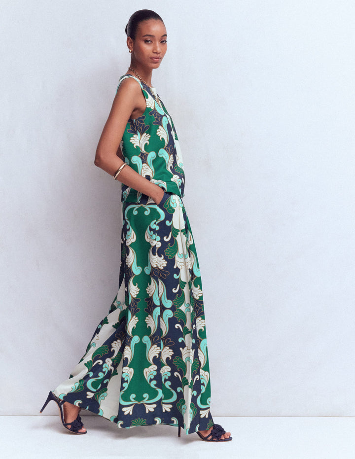 Regent Wide Leg Trousers-Ivory, Foliage Whirl