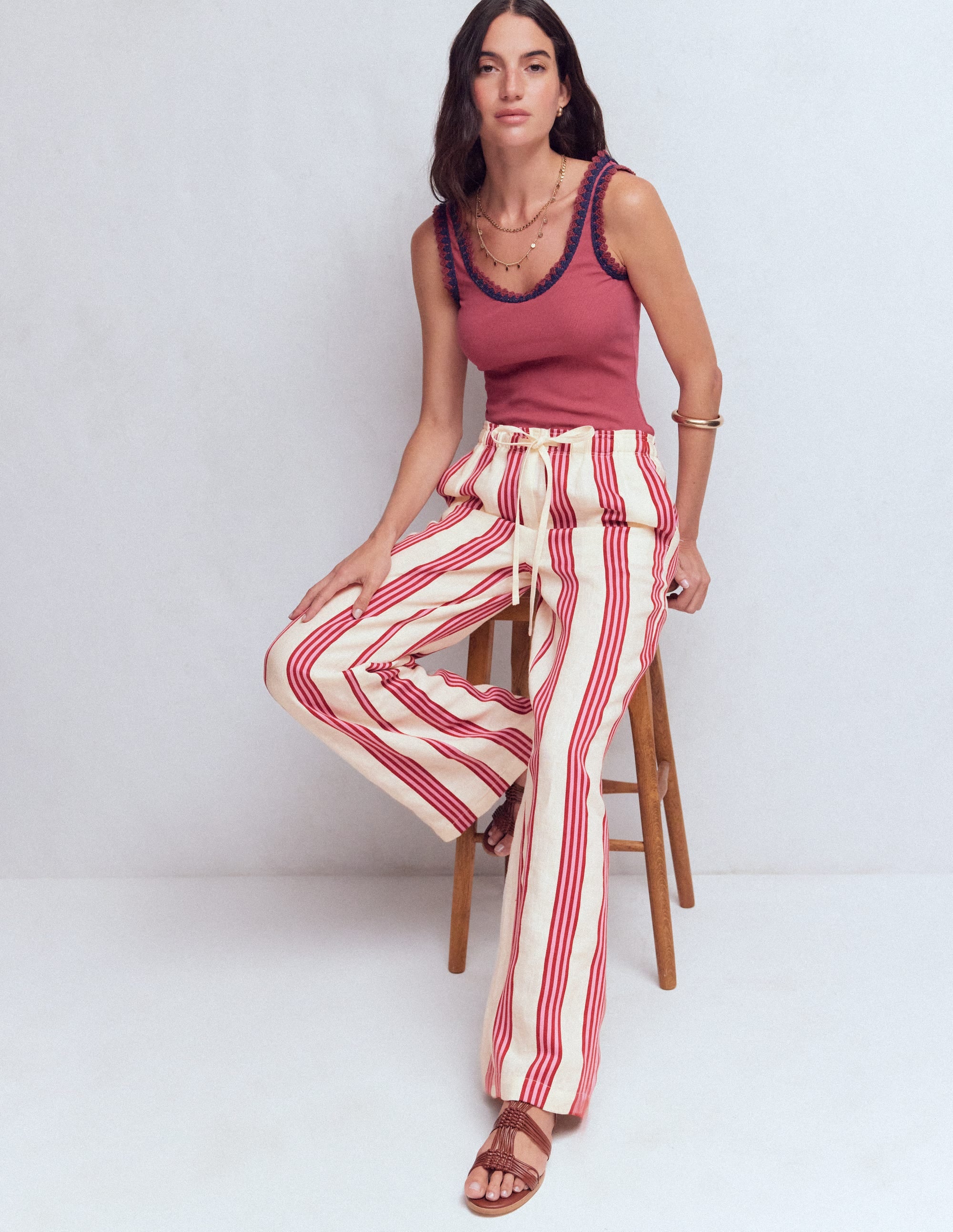 Islington Linen Trousers-Ivory, Brown & Pink Stripe - Image 4