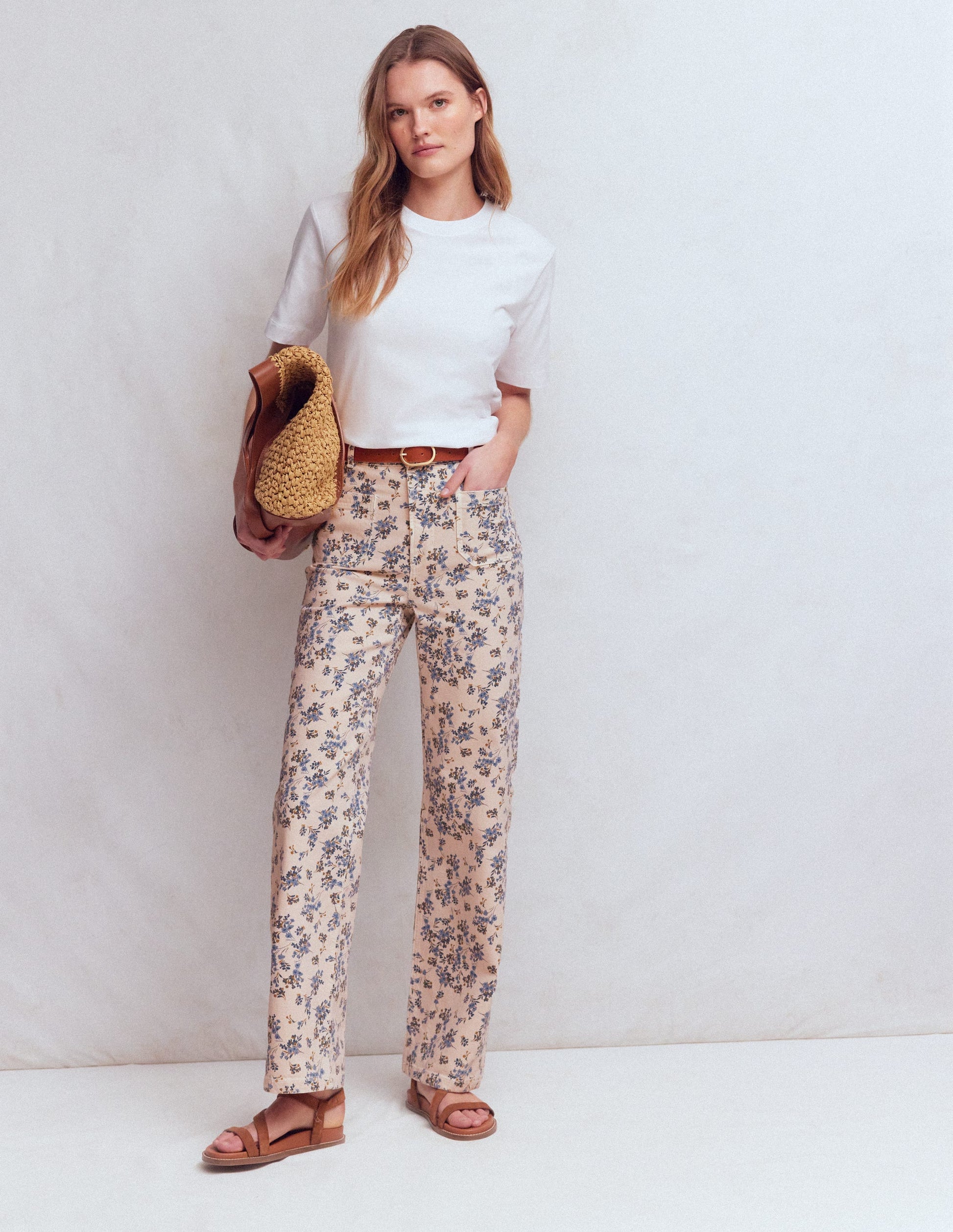 Straight Leg Pocket Jeans-Ivory Floral-1