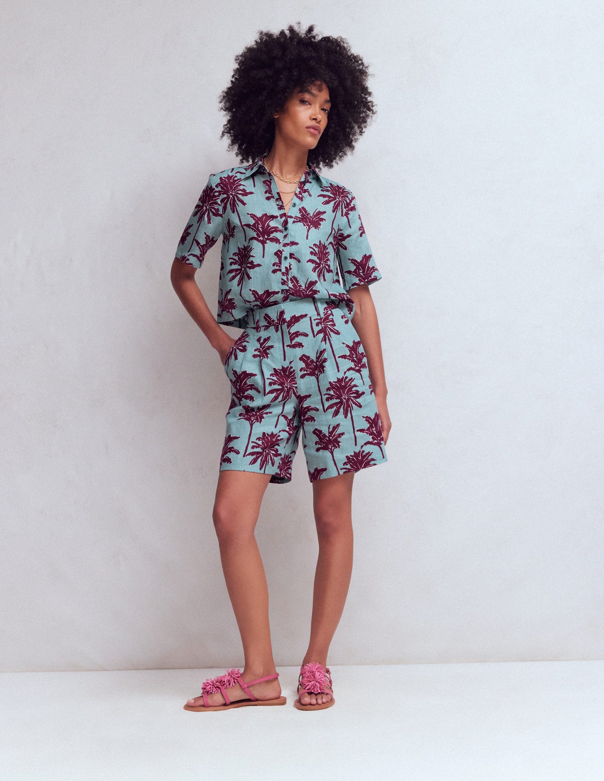 Kensington Linen Shorts-Seamist Blue, Palm Paradise-1