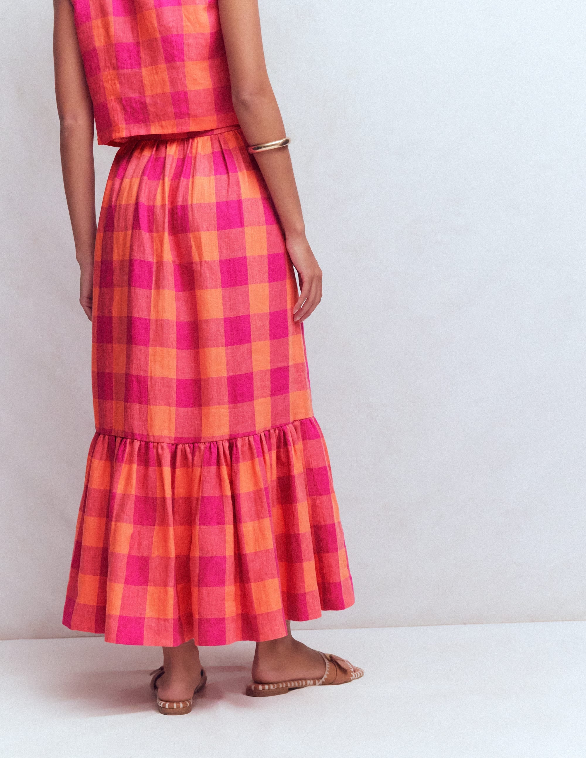 Abigail Linen Maxi Skirt-Zesty Orange, Pink Gingham - Image 3