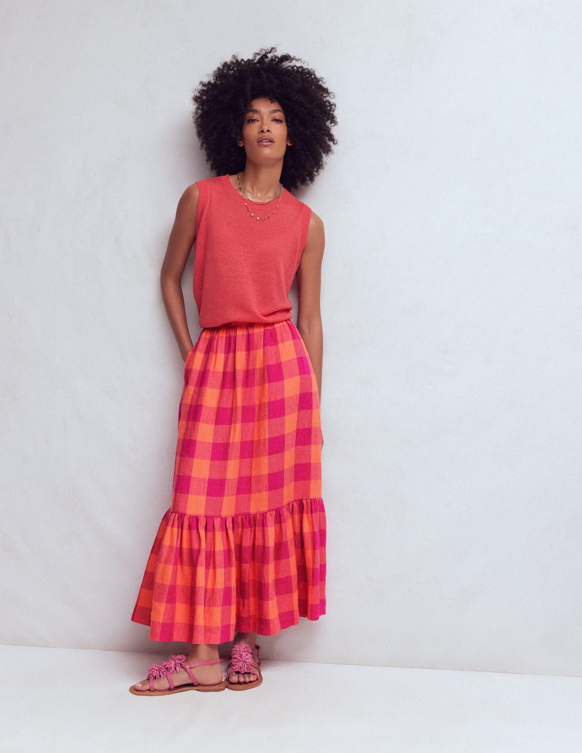 Abigail Linen Maxi Skirt - Zesty Orange, Pink Gingham | Boden UK