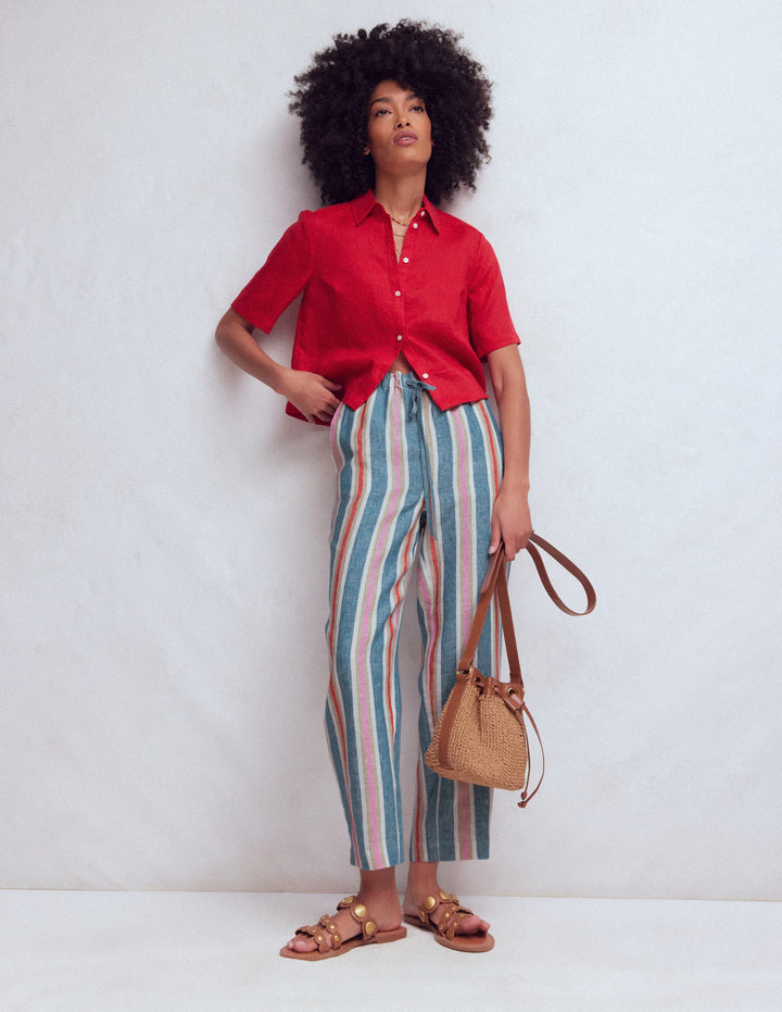 Islington Linen Crop Trousers-Faience and Rose Multistripe