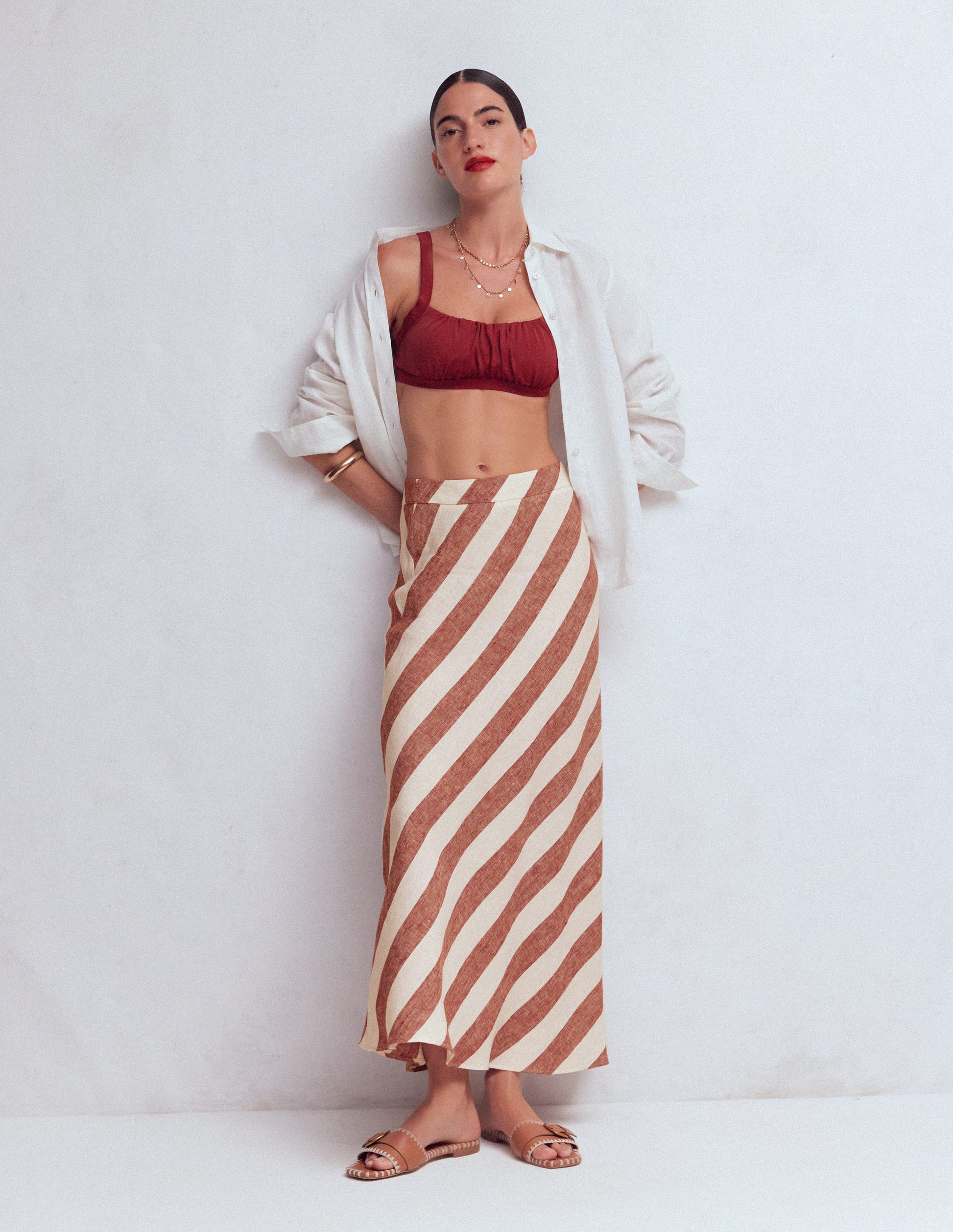 Bias Cut Linen Slip Skirt-Brown Diagonal Stripe-2