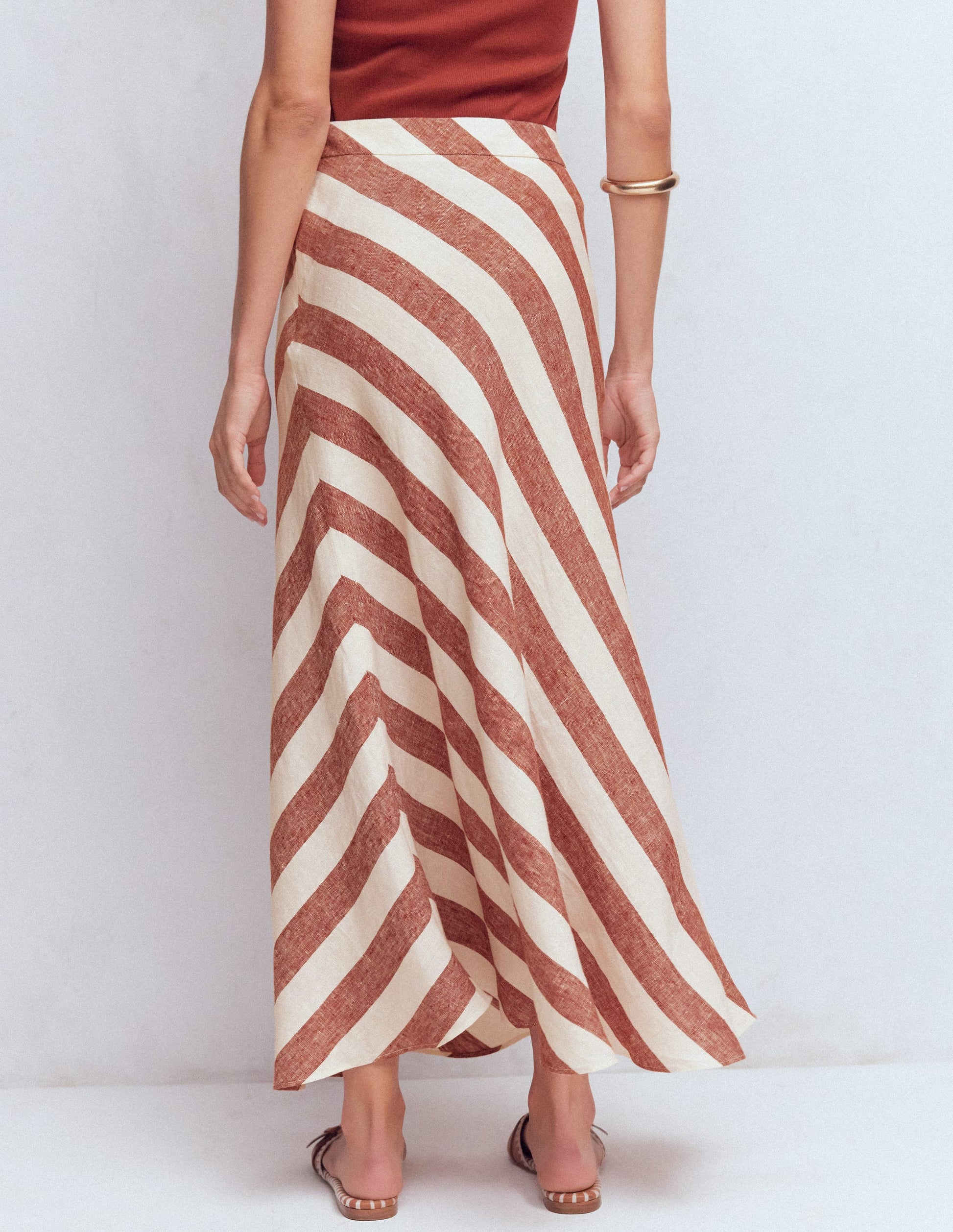 Bias Cut Linen Slip Skirt-Brown Diagonal Stripe-4