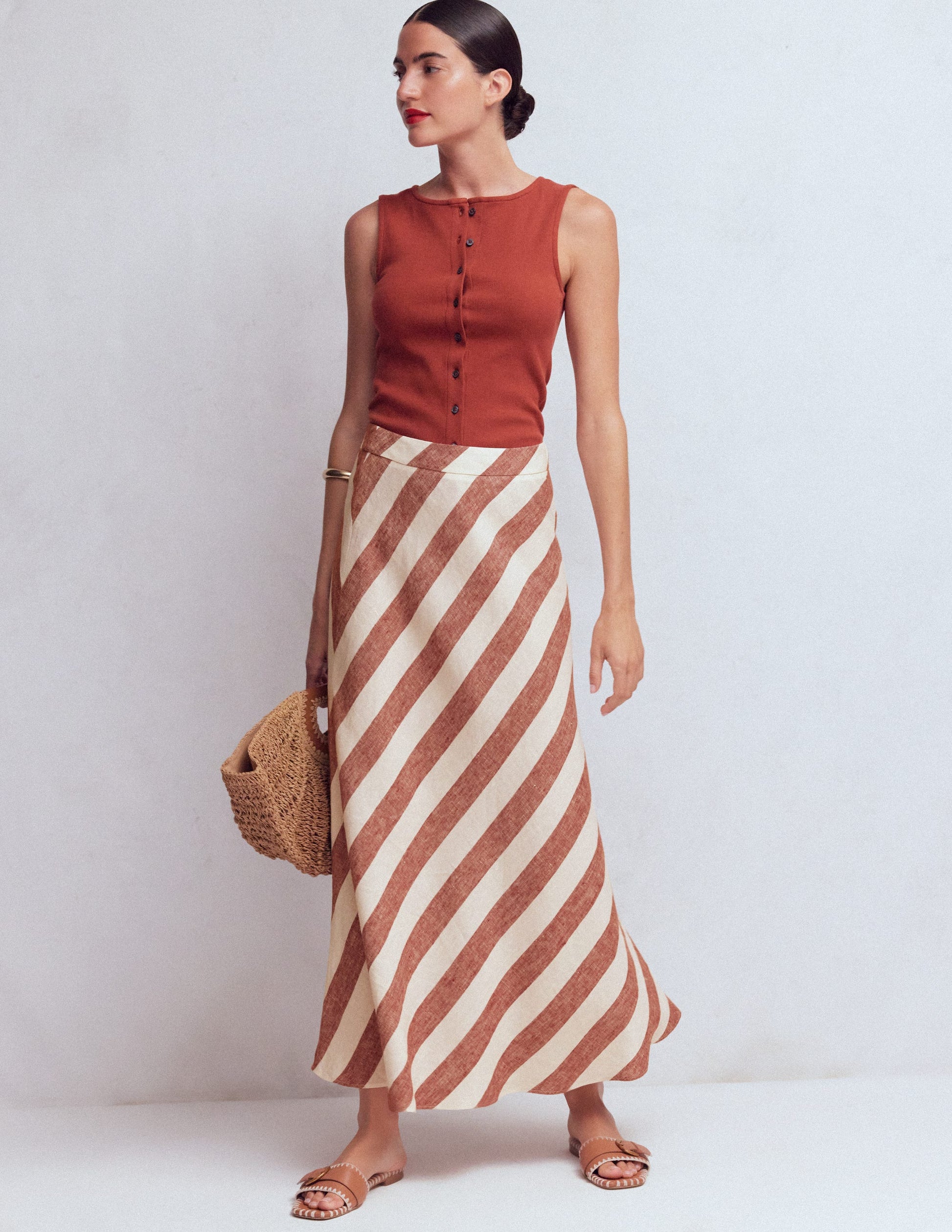 Bias Cut Linen Slip Skirt-Brown Diagonal Stripe-6
