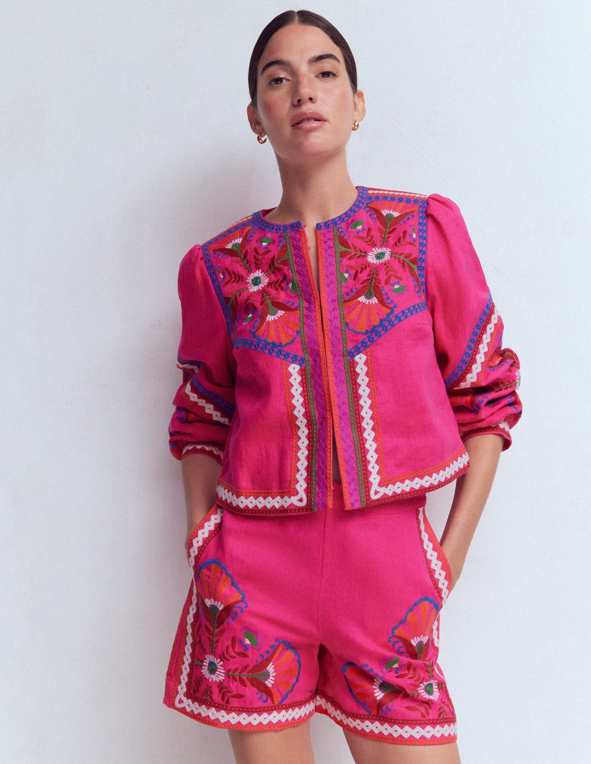 Embroidered Linen Shorts-Pink Peony, Embroidered-1