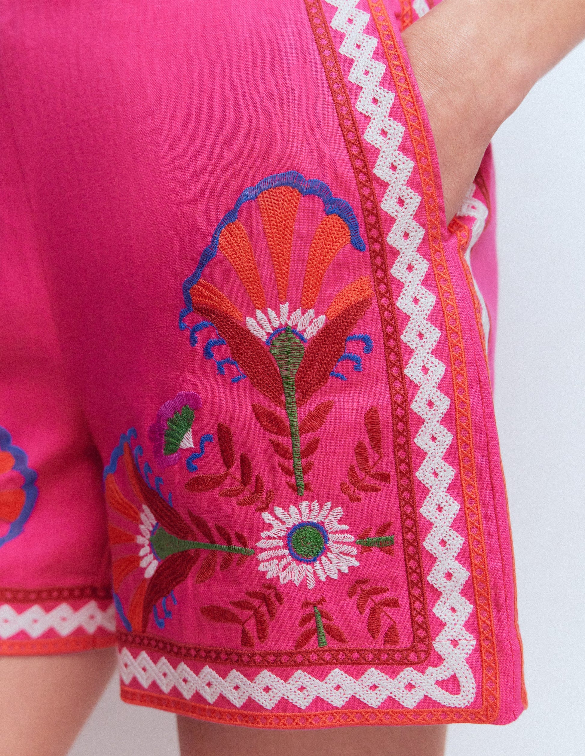 Embroidered Linen Shorts-Pink Peony, Embroidered-3
