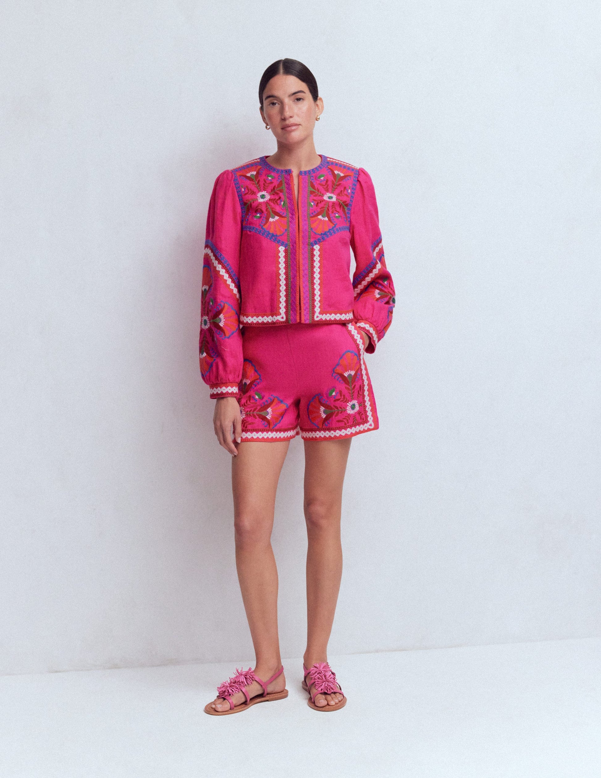 Embroidered Linen Shorts-Pink Peony, Embroidered-5