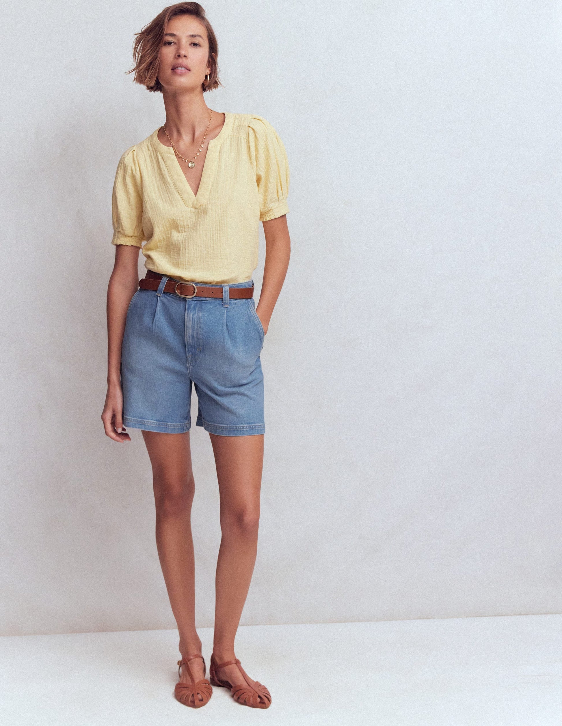 Pleat Front Denim Shorts-Light Vintage-1