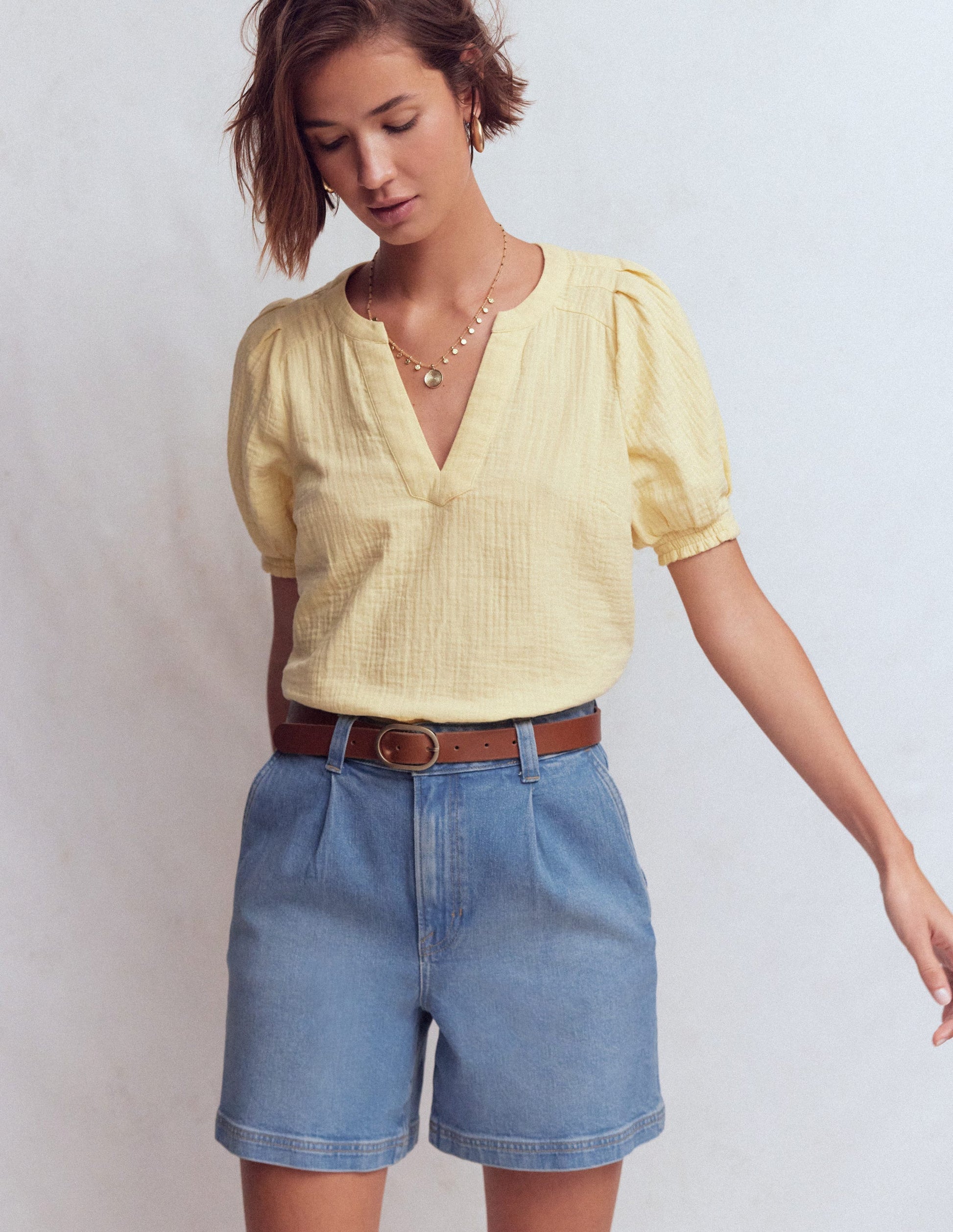 Pleat Front Denim Shorts-Light Vintage-4