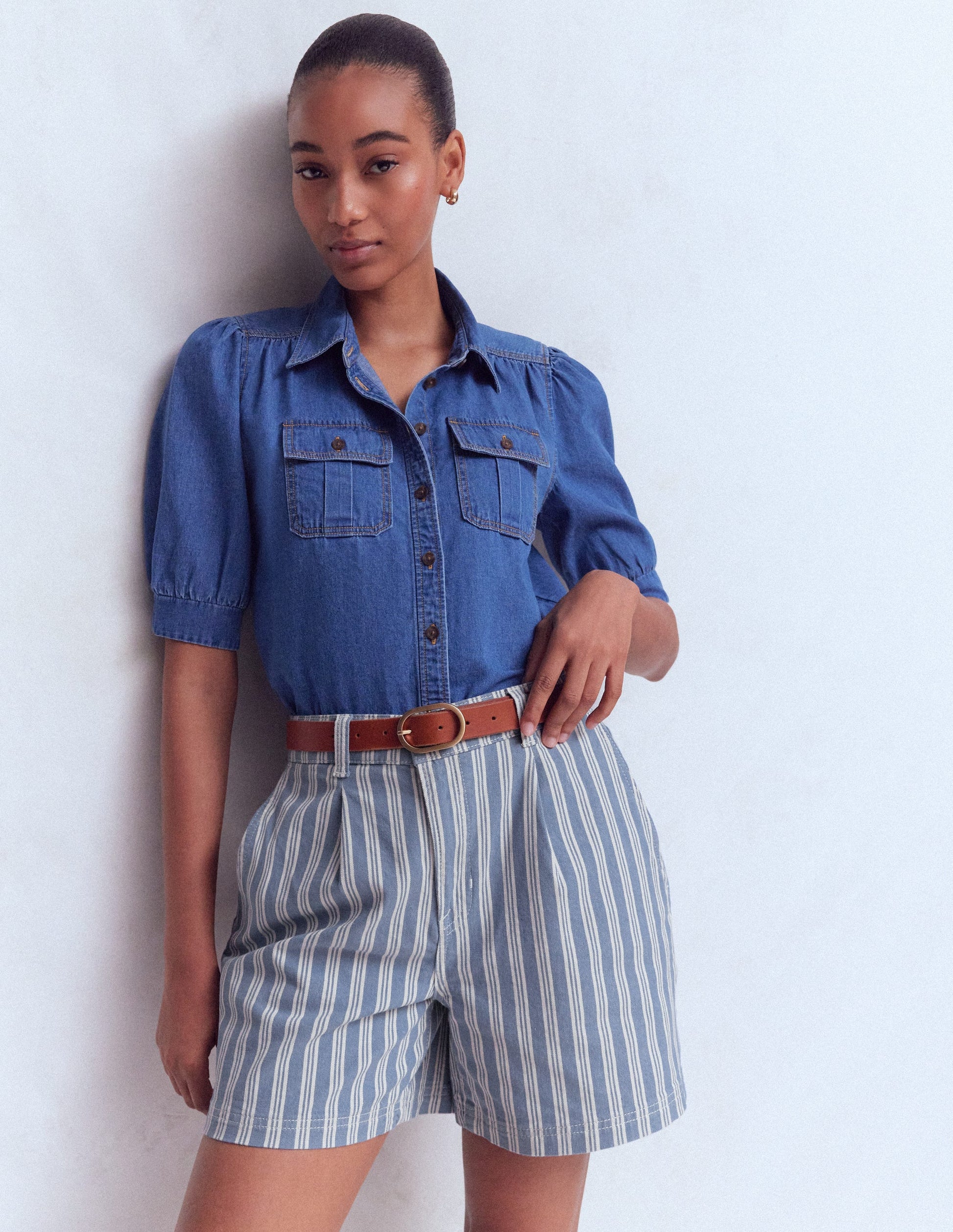 Pleat Front Denim Shorts-Stripe-4