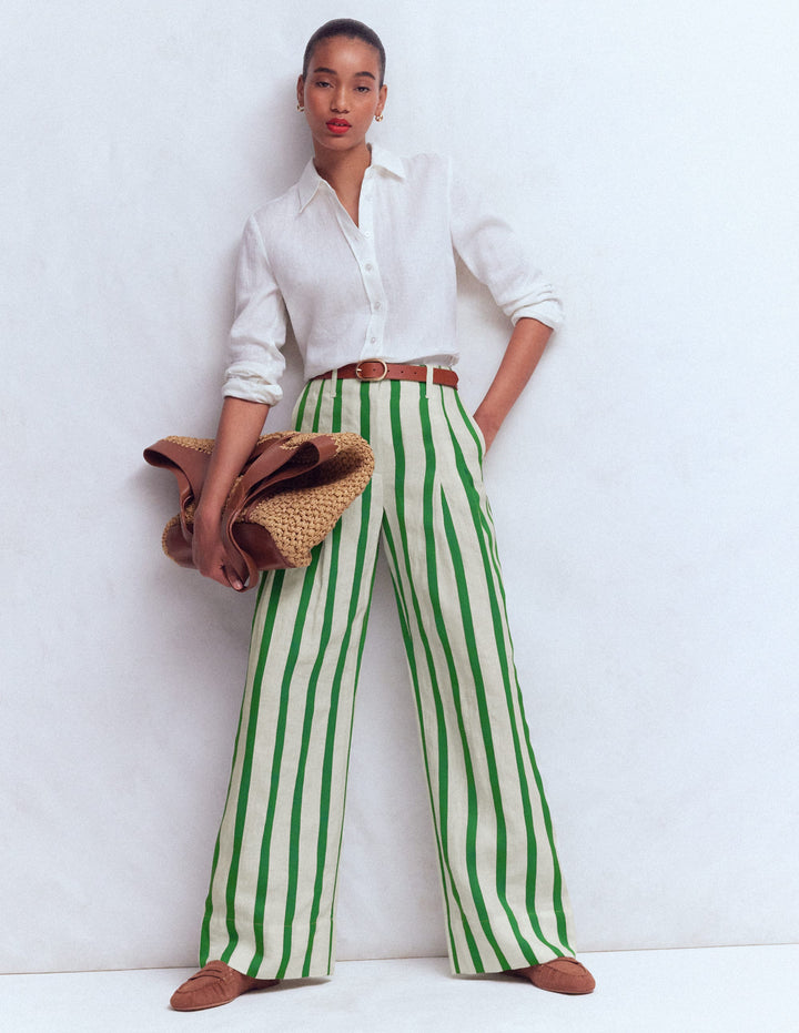 Mayfair Linen Trousers-Ivory, Fresh Green Stripe