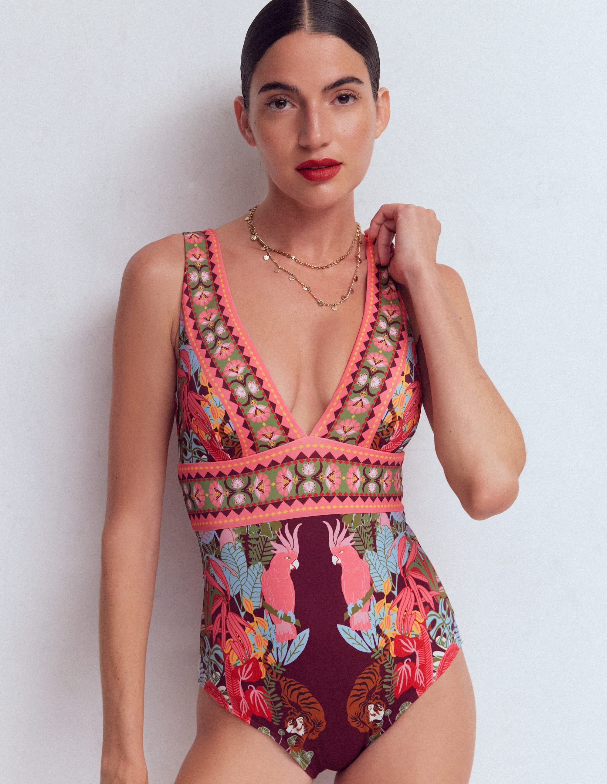 Porto V-neck Swimsuit-Chocberry, Tropical Safari - Image 1