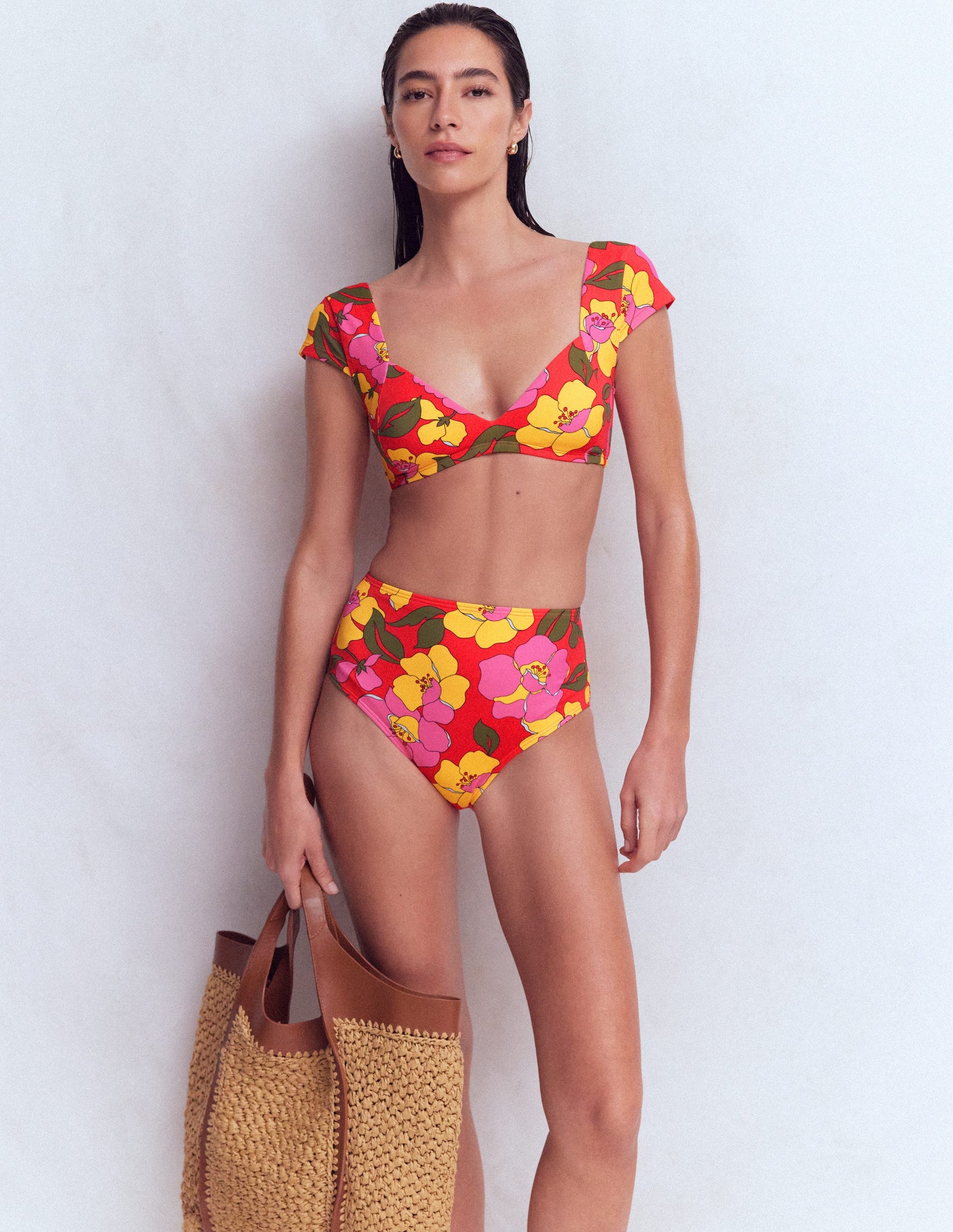 High Waisted Bikini Bottoms-Red, Radiant Bloom-2