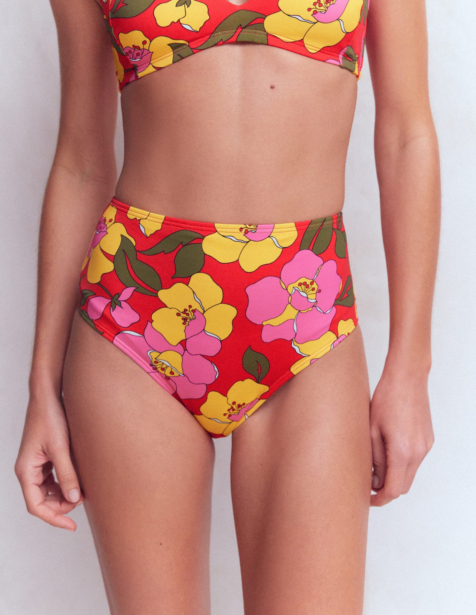 High Waisted Bikini Bottoms-Red, Radiant Bloom-5