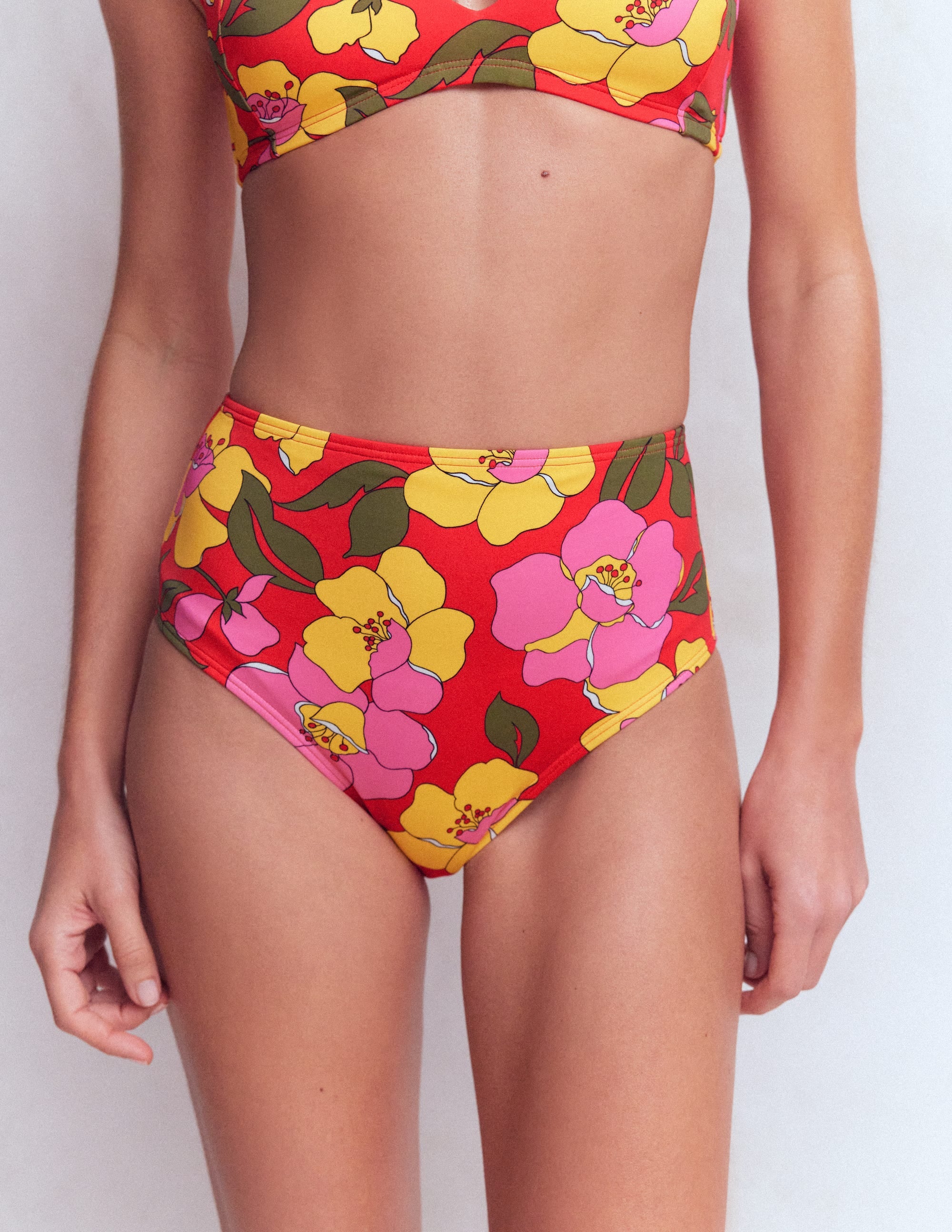High Waisted Bikini Bottoms-Red, Radiant Bloom - Image 5