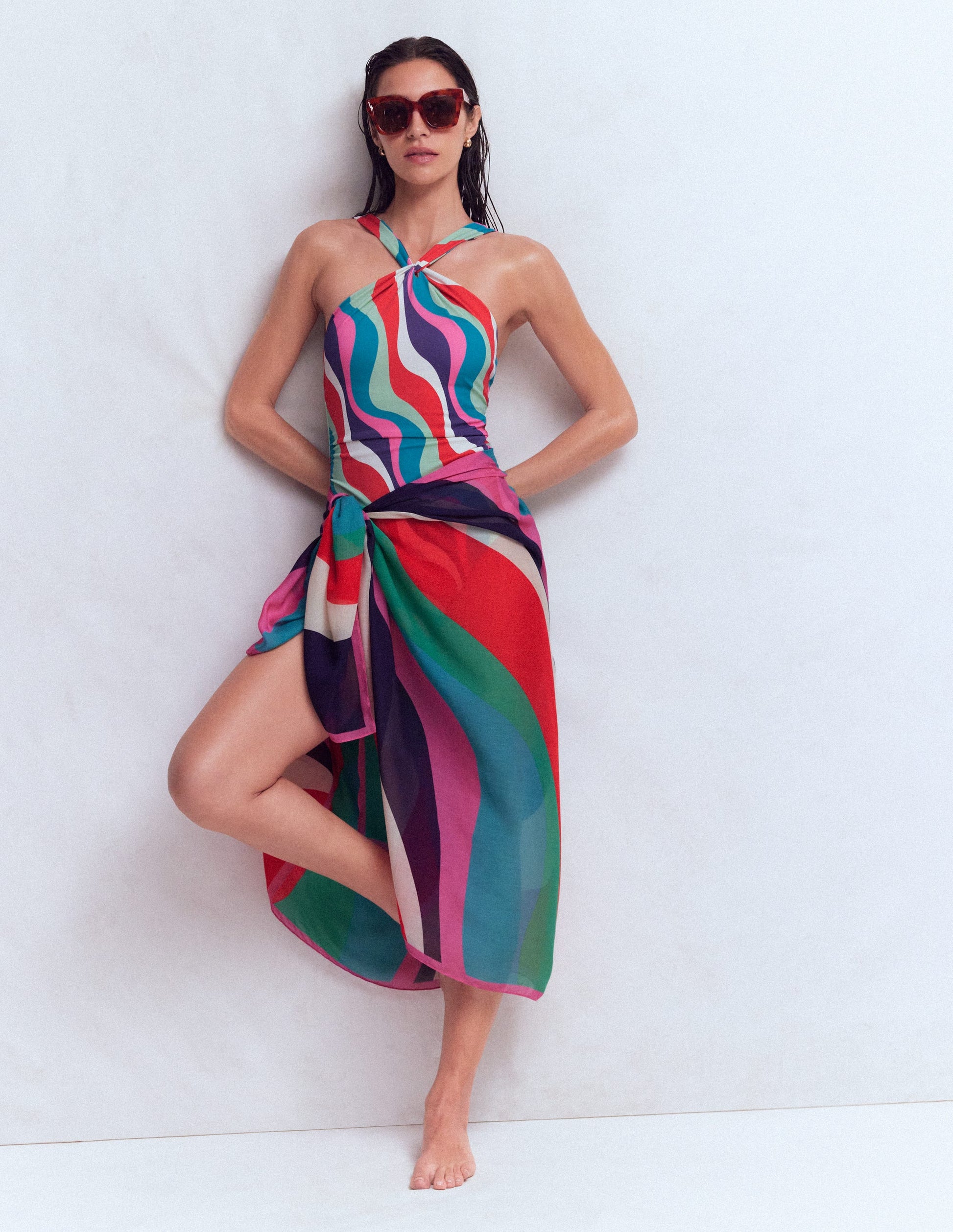 Pleated Strap Cross Swimsuit-Multi, Rhythmic Wave-5