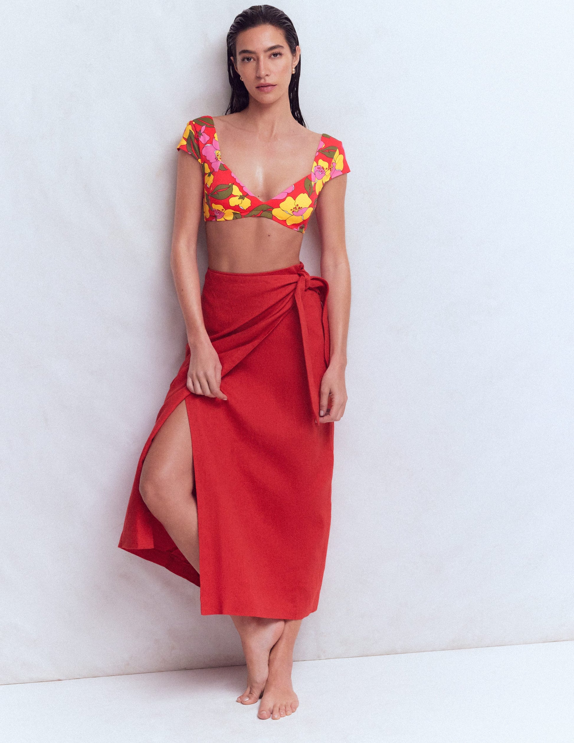 Sweetheart Sleeve Bikini Top-Red, Radiant Bloom-6