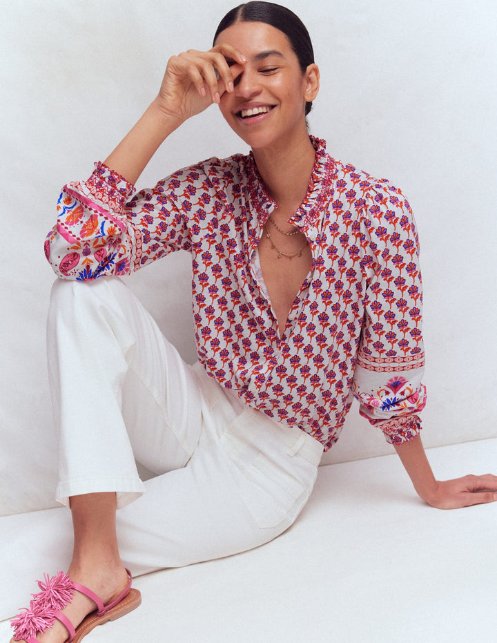 Effie Smocked Detail Shirt-Multi, Meadow Stamp Placement