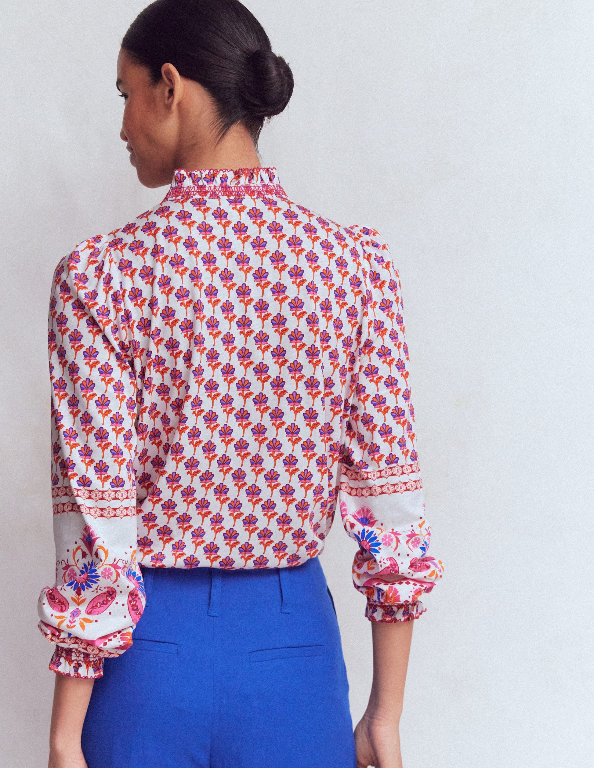 Effie Smocked Detail Shirt-Multi, Meadow Stamp Placement-3