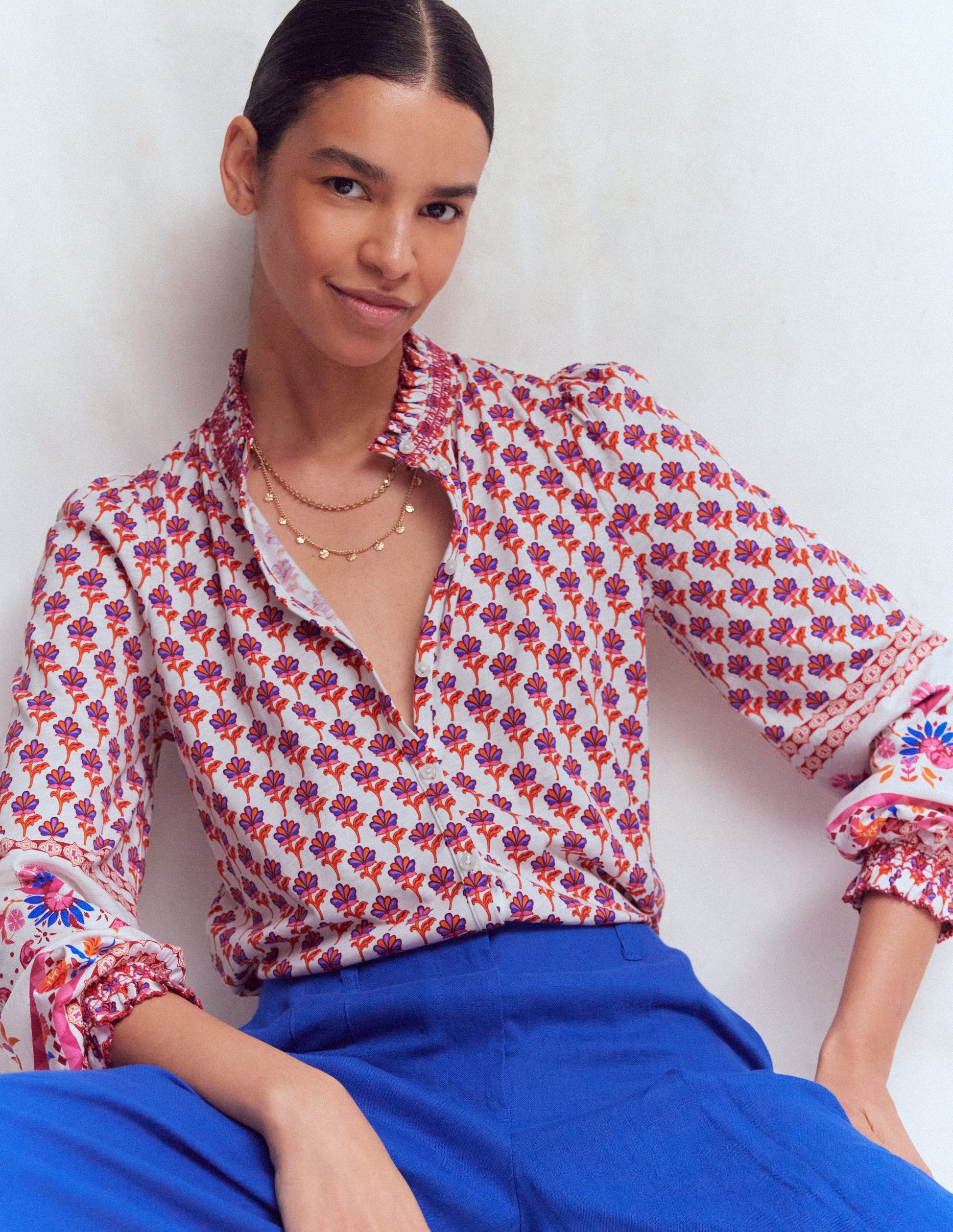 Effie Smocked Detail Shirt-Multi, Meadow Stamp Placement-5