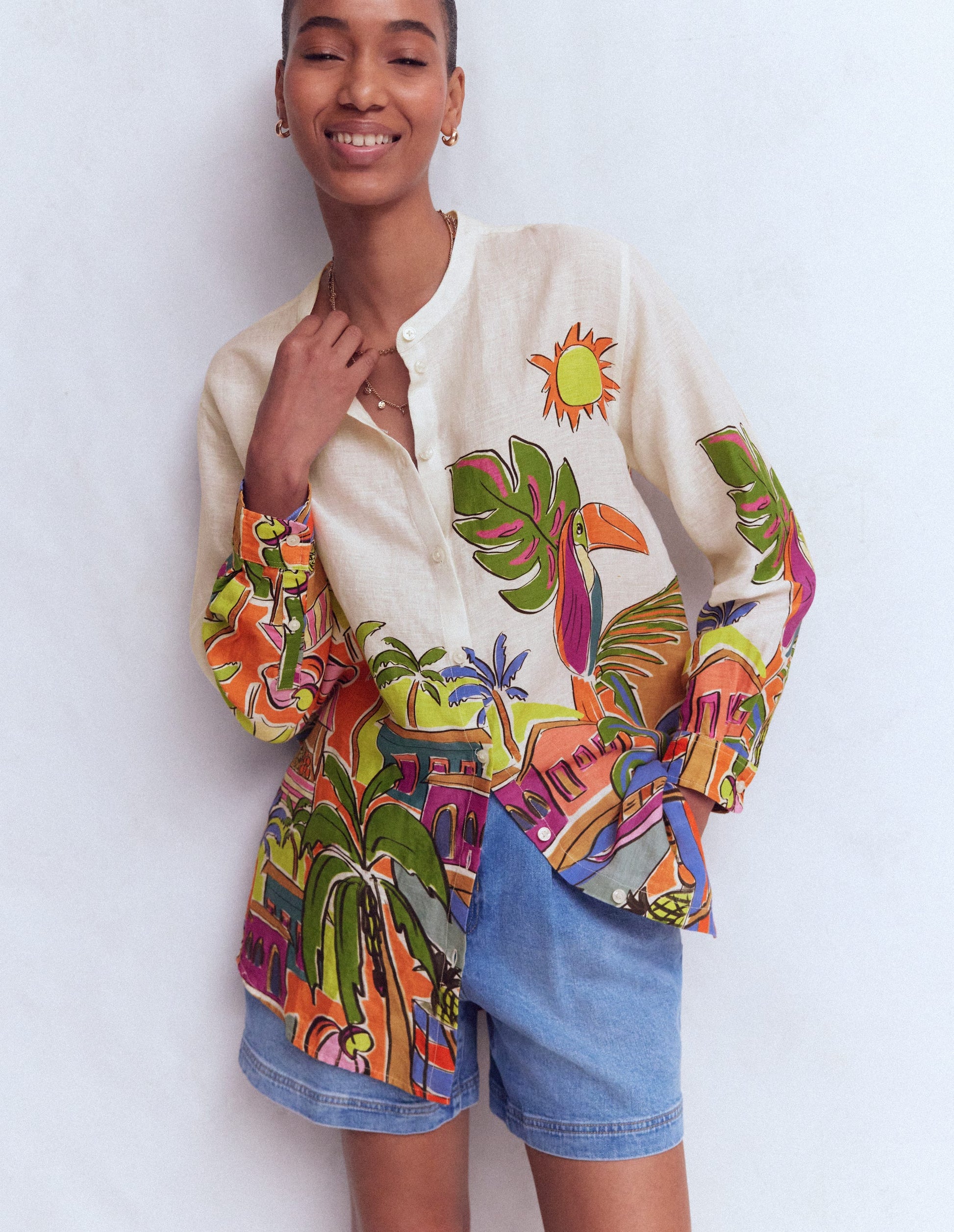 Longline Linen Shirt-Multi, Tropical Village-1
