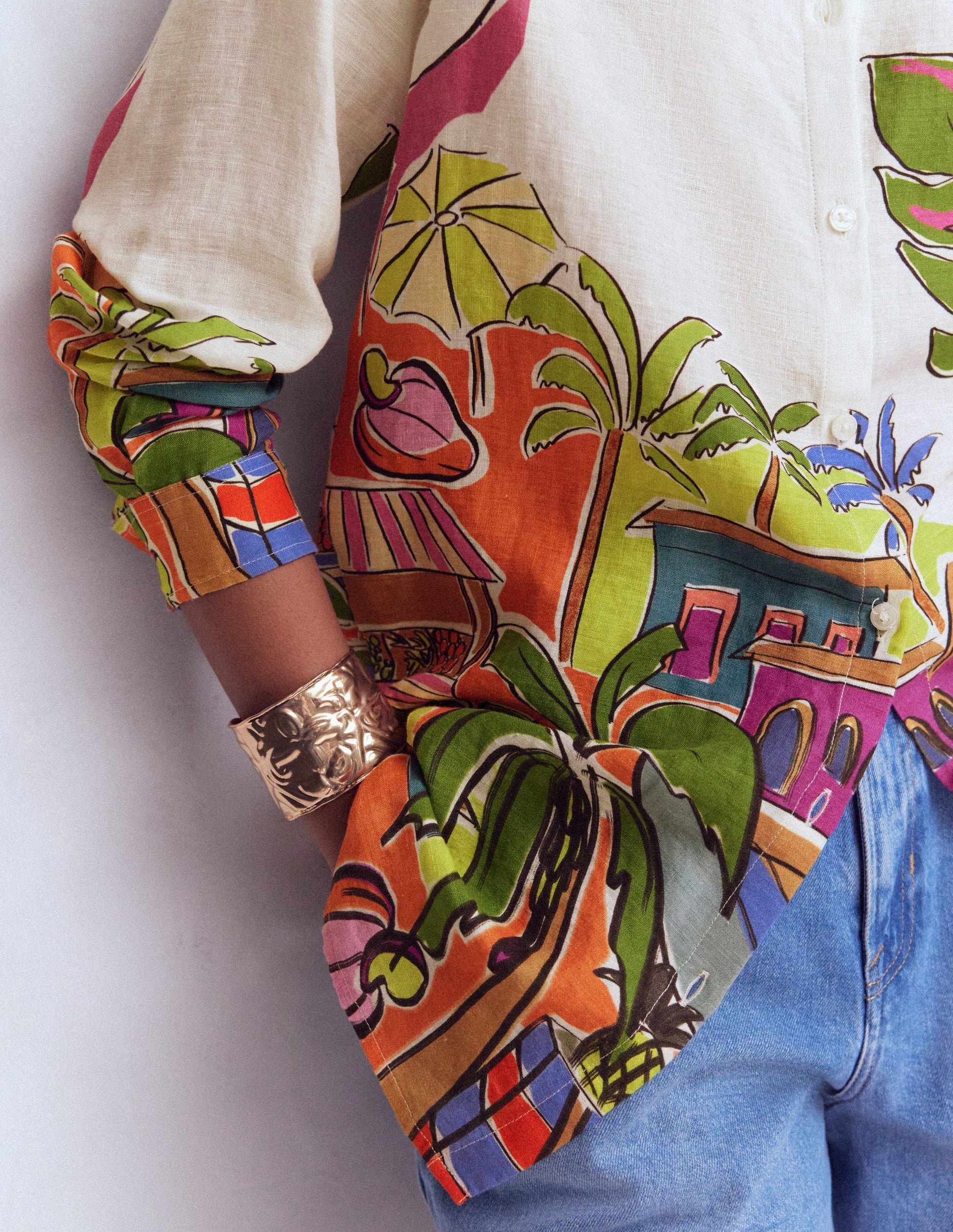 Longline Linen Shirt-Multi, Tropical Village-2