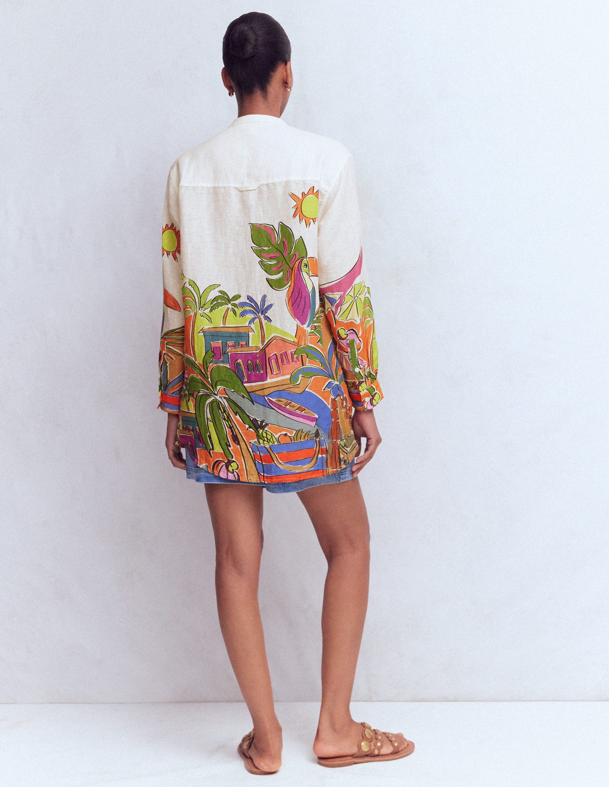 Longline Linen Shirt-Multi, Tropical Village-3