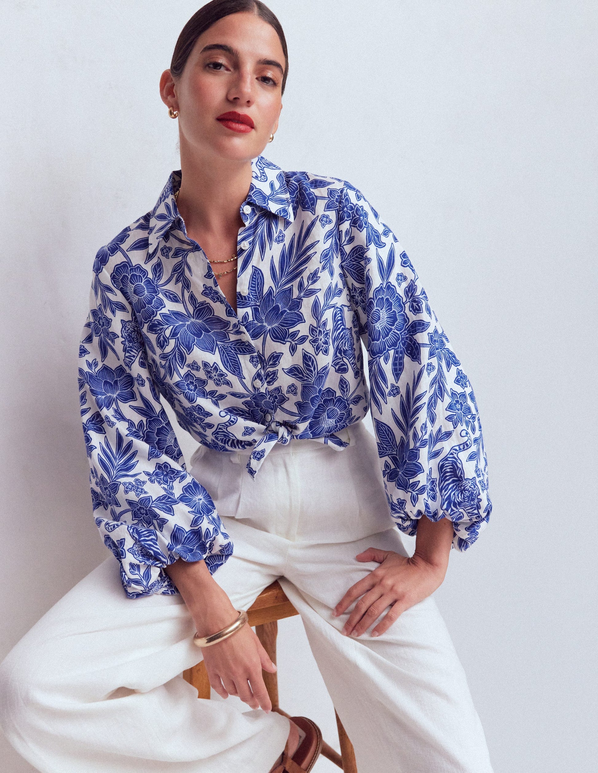 Puff Sleeve Linen Shirt-Sapphire Blue, Tigers Paradise-1
