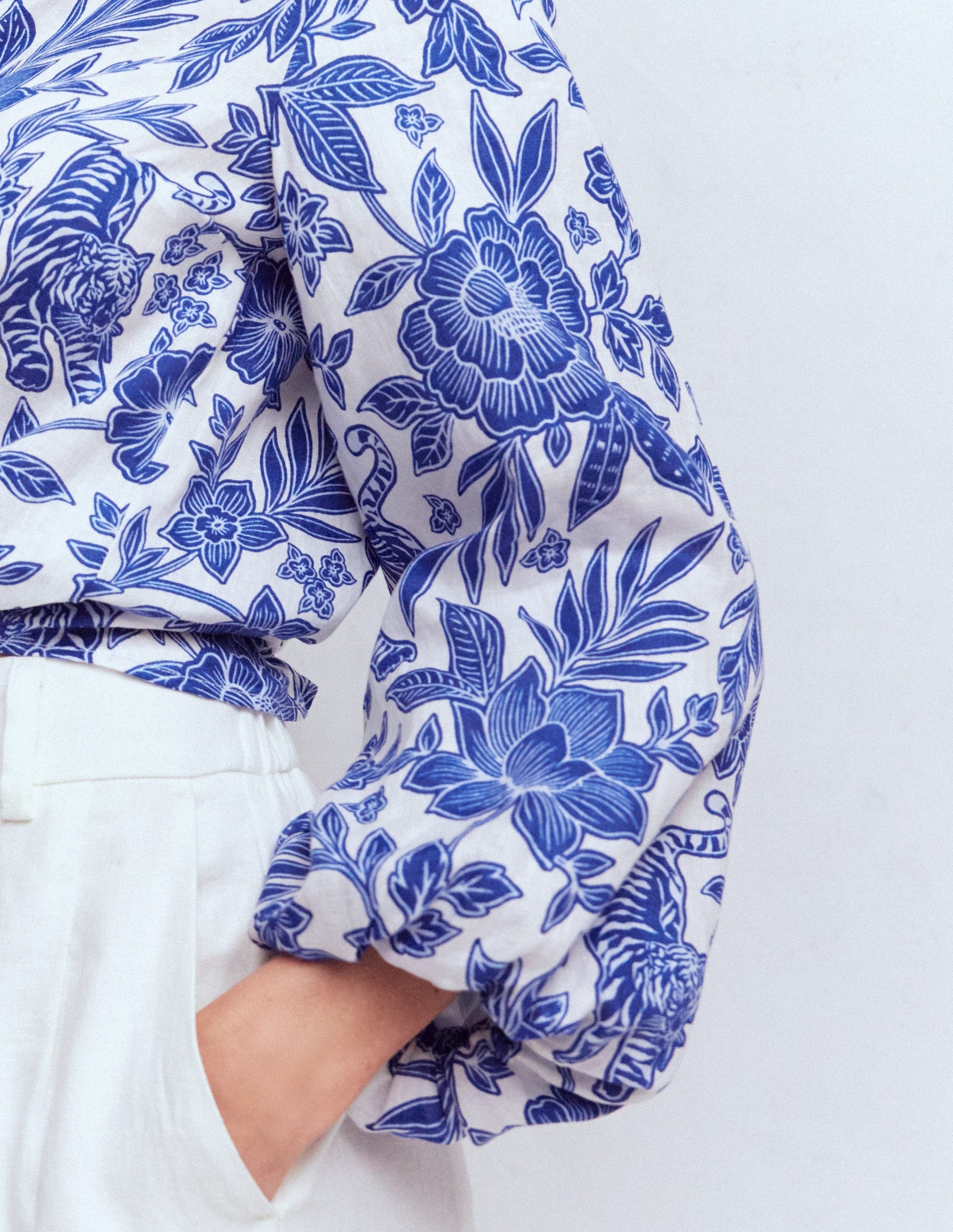 Puff Sleeve Linen Shirt-Sapphire Blue, Tigers Paradise-2