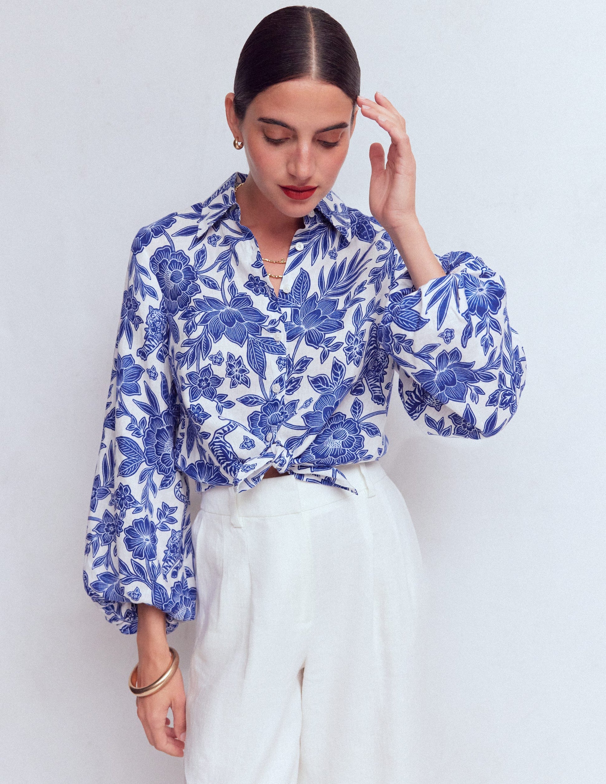 Puff Sleeve Linen Shirt-Sapphire Blue, Tigers Paradise-5