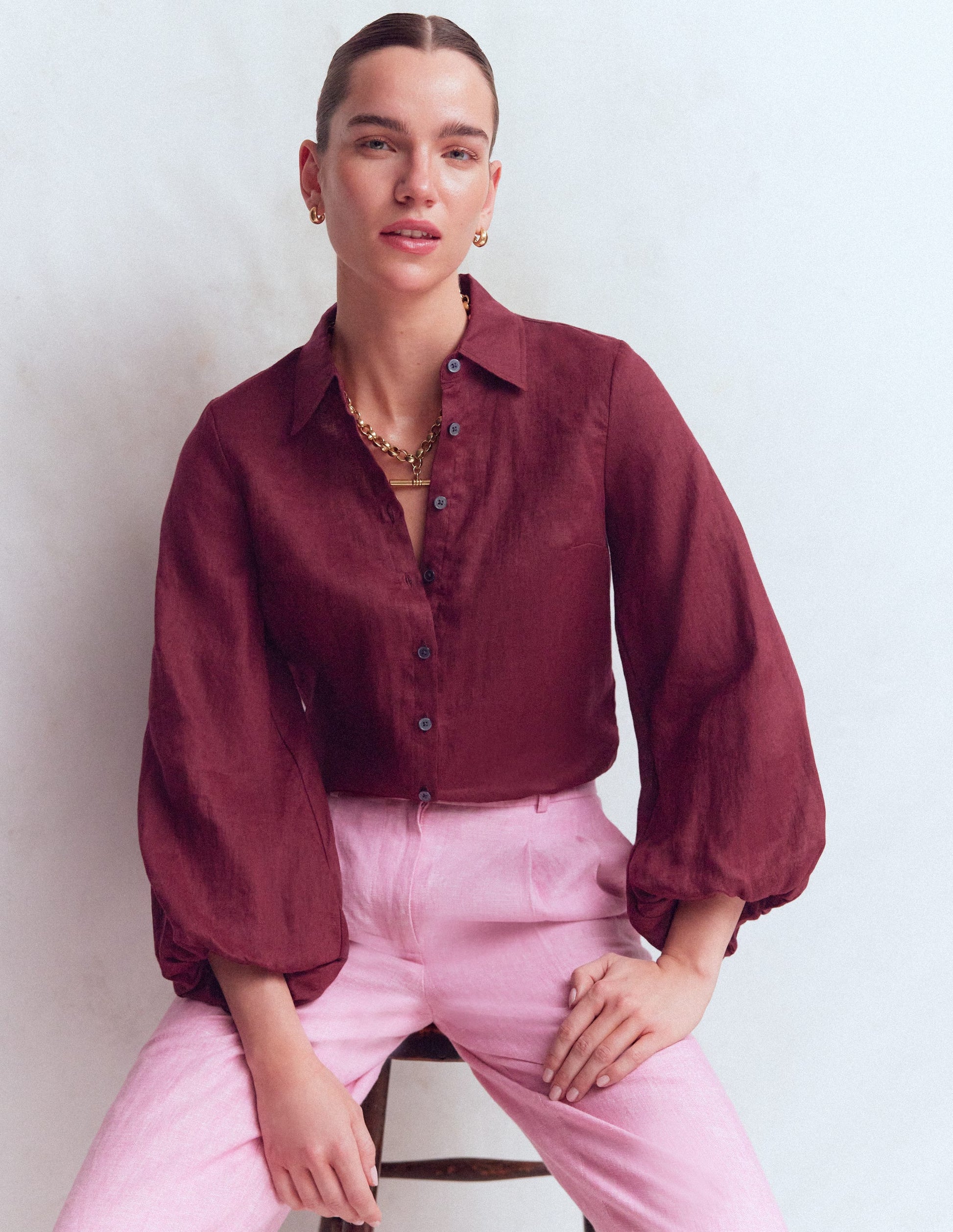 Puff Sleeve Linen Shirt-Deep Wisteria-1