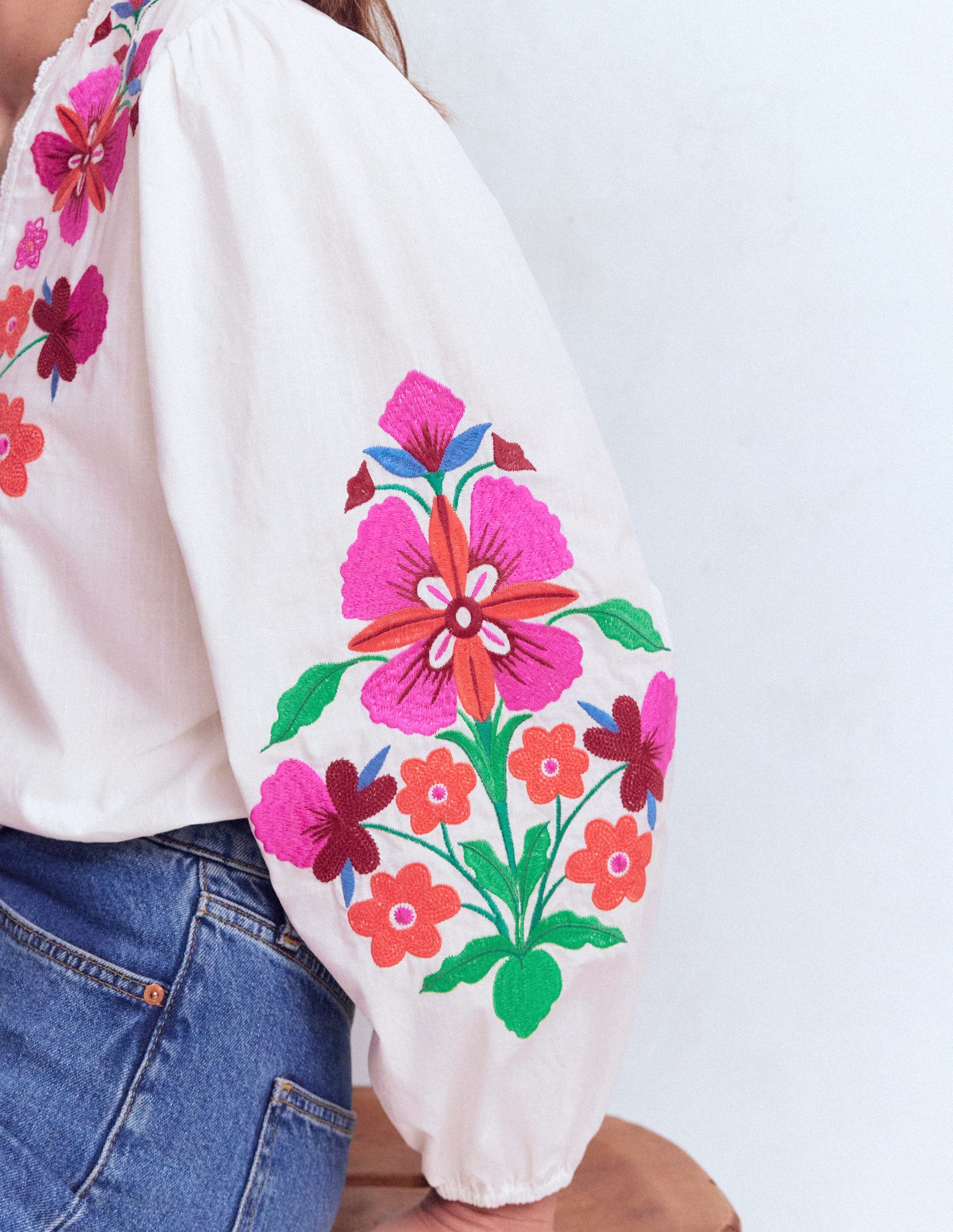 Embroidered Notch Neck Top-Floral Placement Embroidery-3